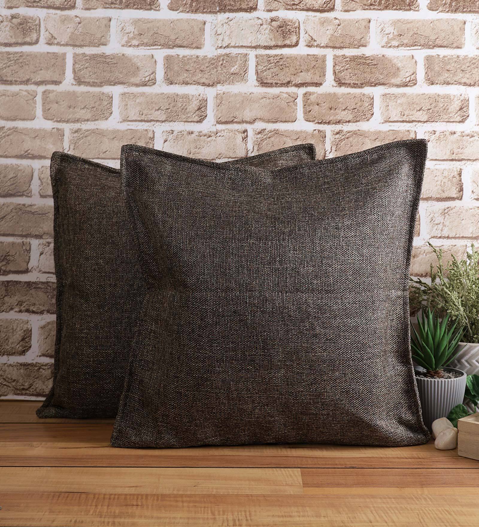 Coffee Solid Jute 24 x 24 Inches Cushion Covers (Set of 2)