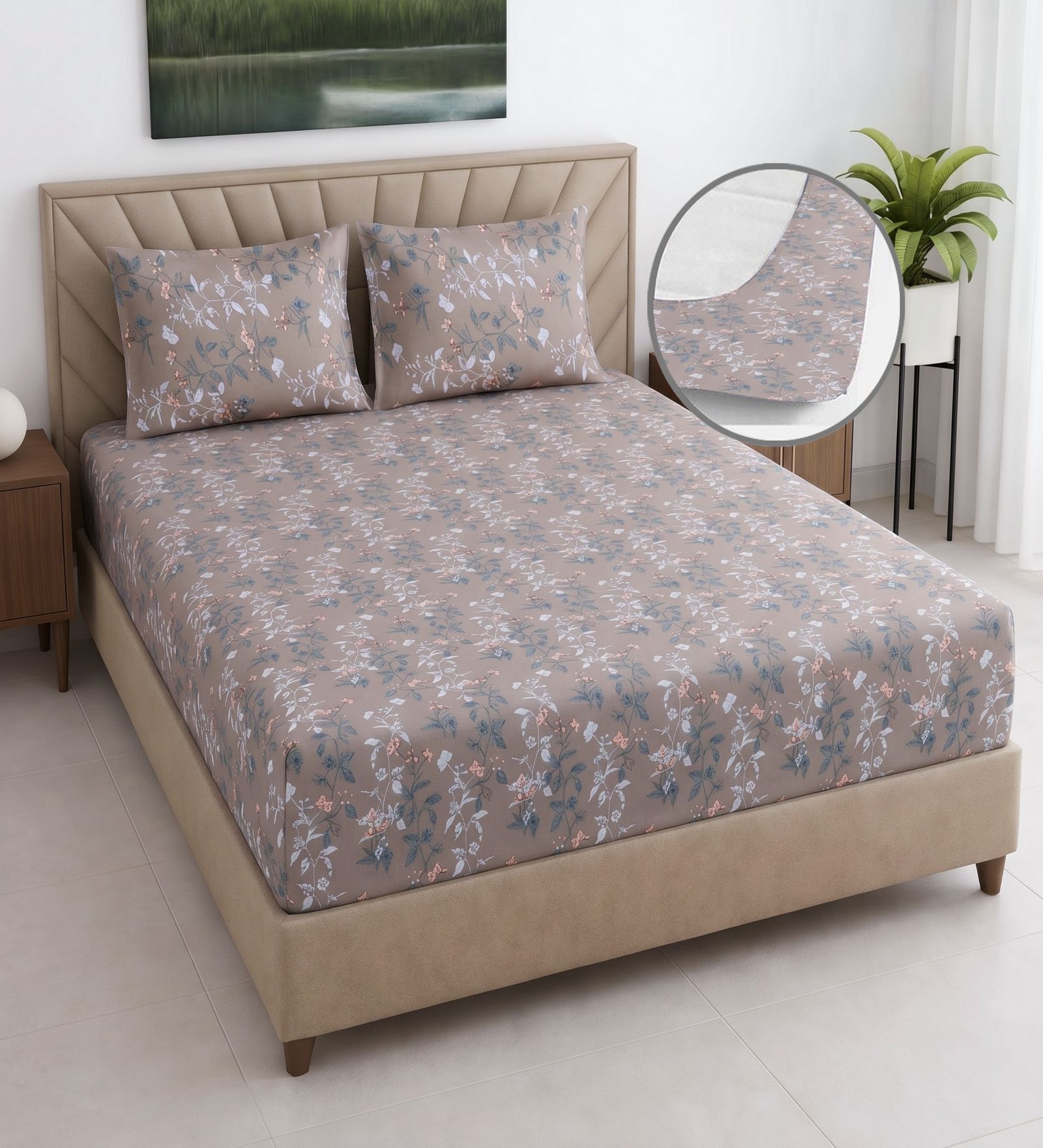 Grey Floral 400 TC Cotton Superking Size Fitted Bedsheet With 2 Pillow Covers
