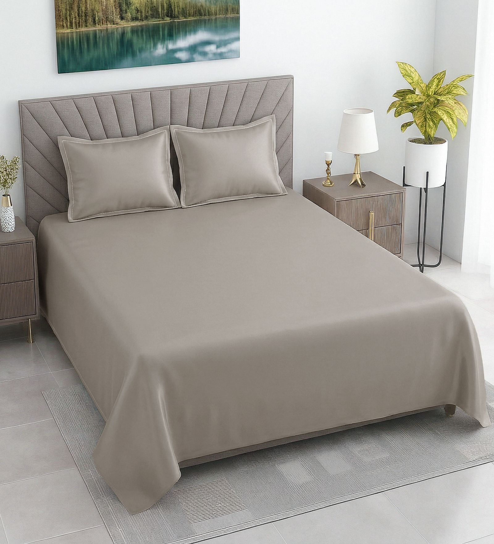 Grey Solid 400 TC Cotton Satin Superking Size Bedsheet With 2 Pillow Covers