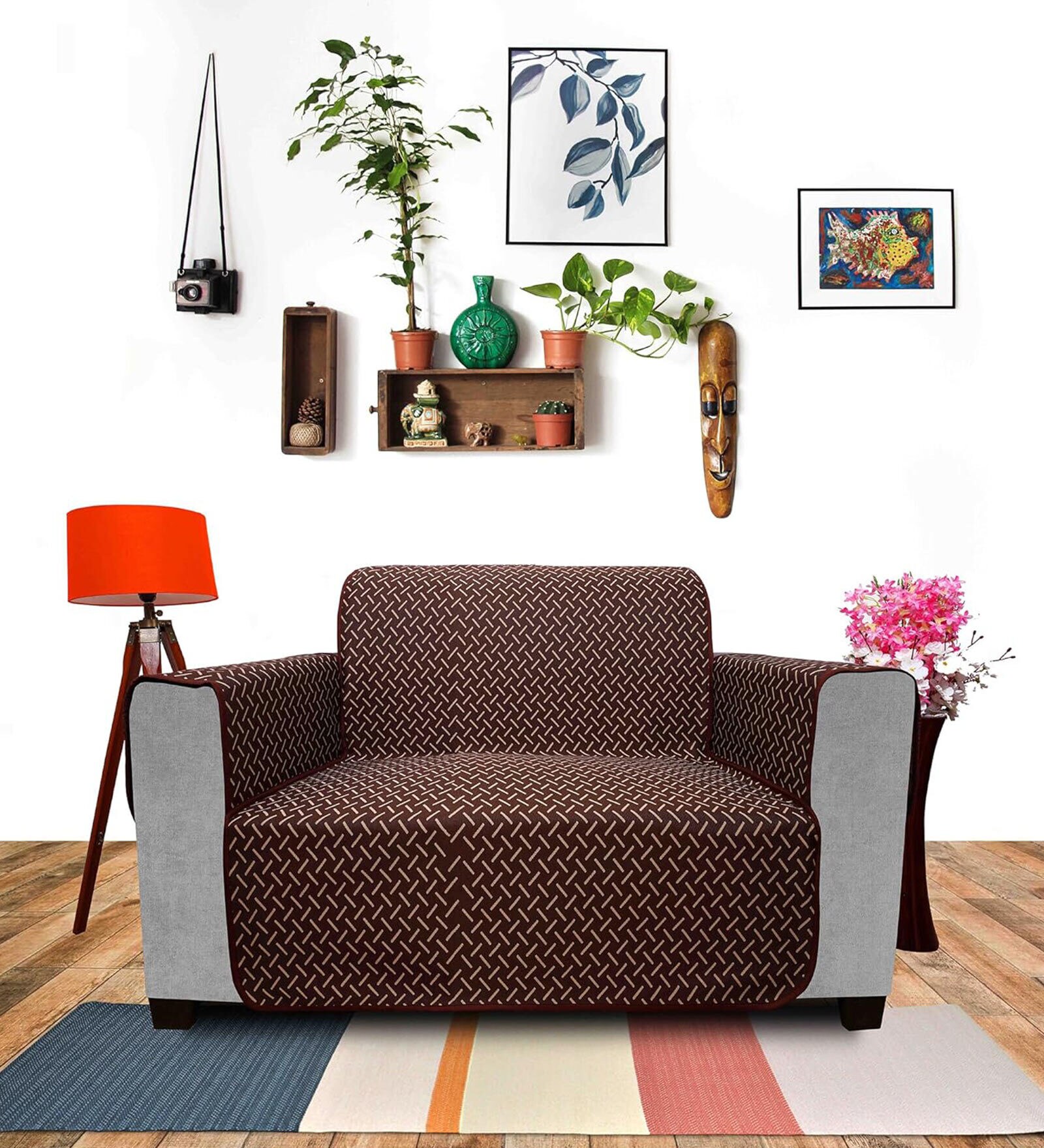 Coffee Solids Polyester 2 Seater Sofa Cover