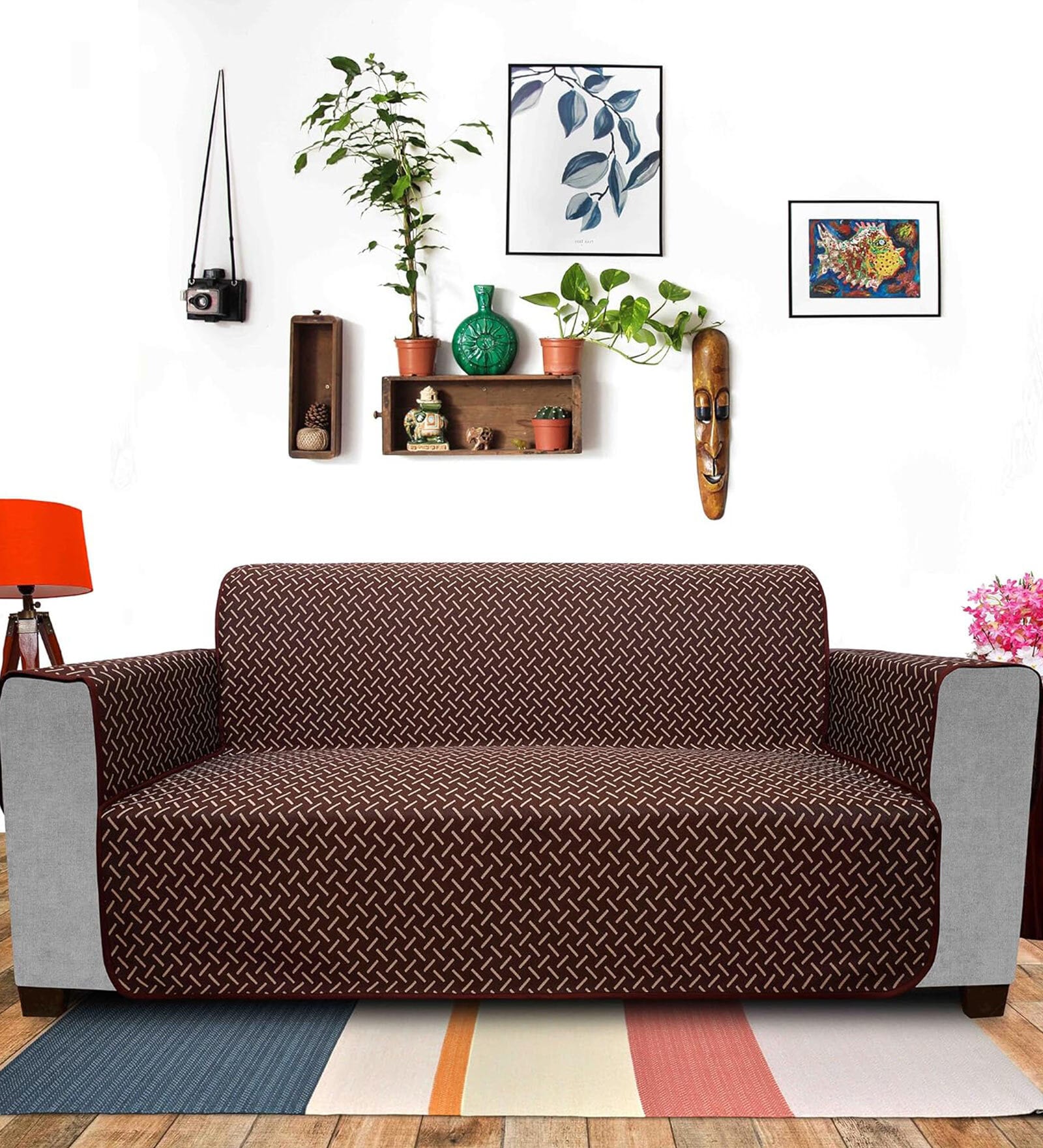 Coffee Solids Polyester 4 Seater Sofa Cover