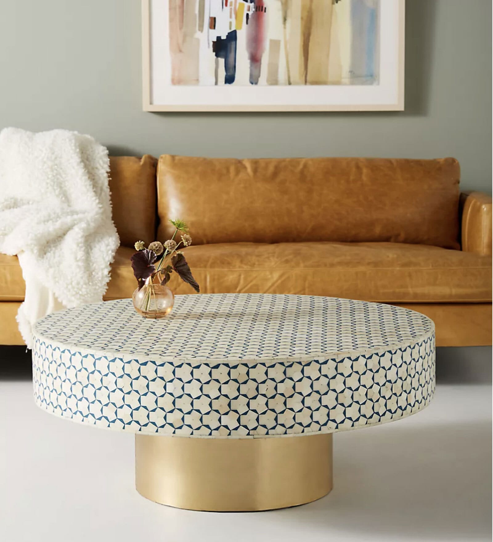 Buy Khaab Bone Inlay Coffee Table in Blue Colour With Golden Finish at