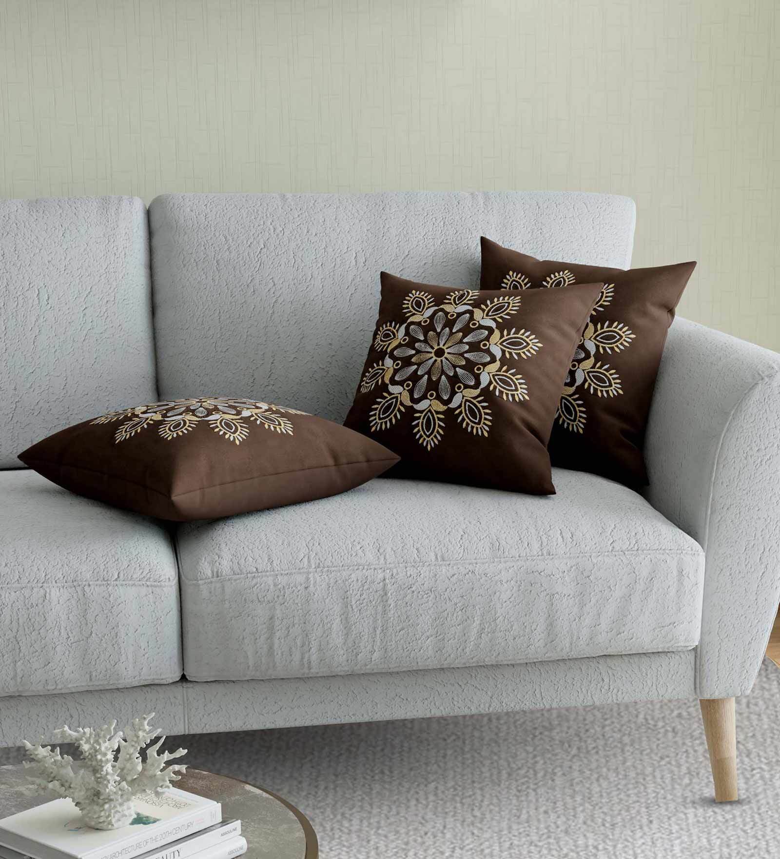 Buy Coffee Traditional Cotton 16 x 16 Inches Embroidered Cushion Cover