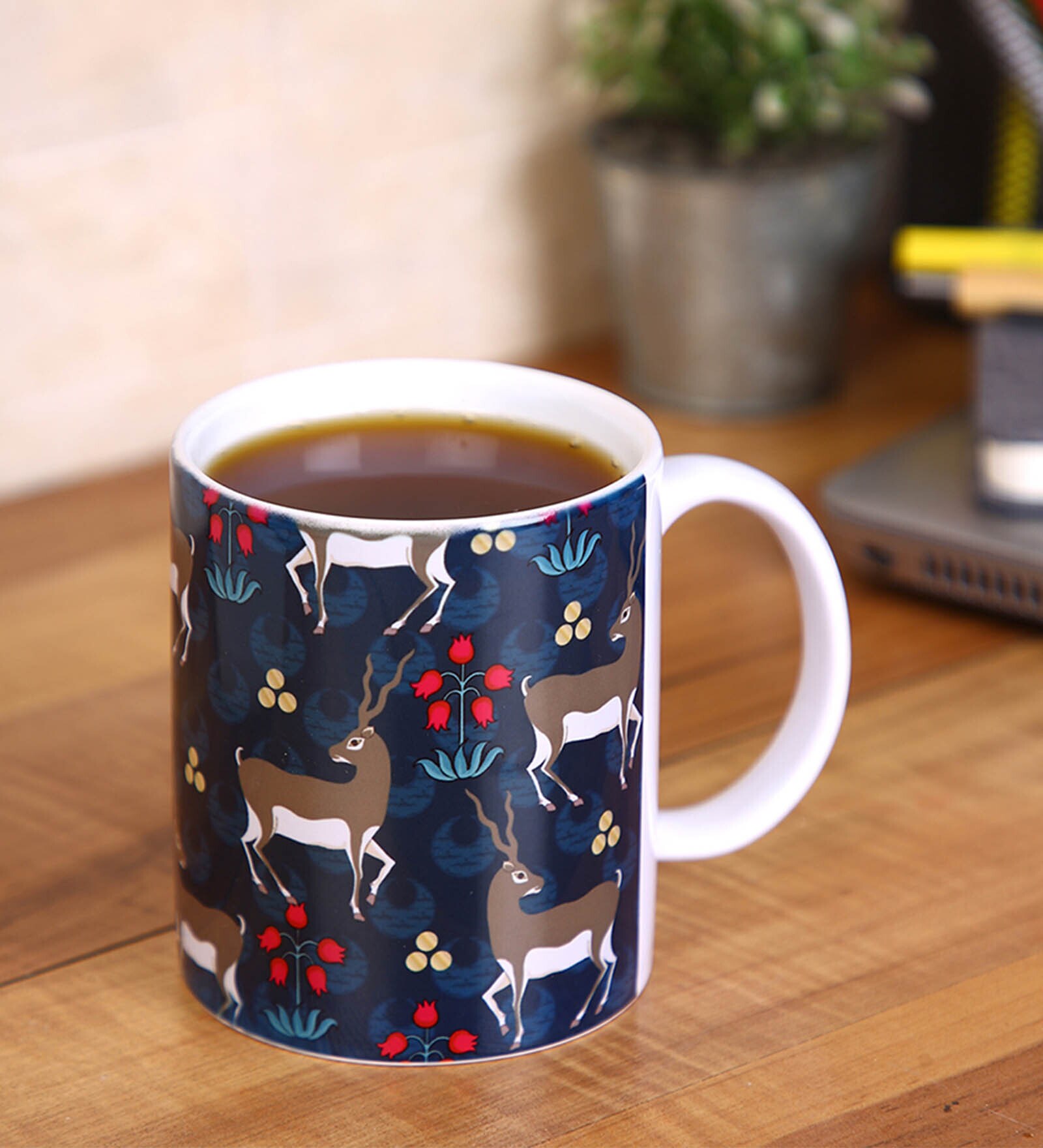 Cofffee Mug With Navy Blue & Grey Deer Print