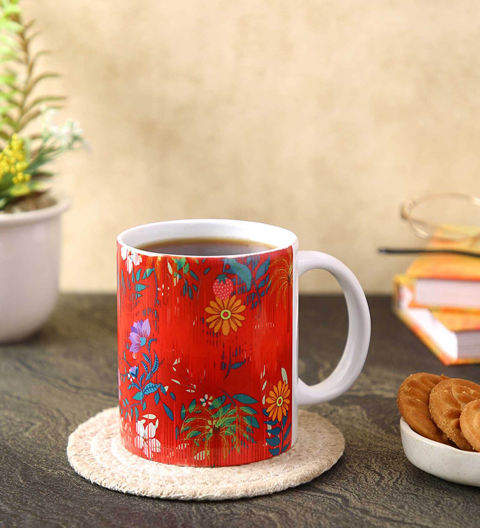 Cofffee Mug With Red Floral Print