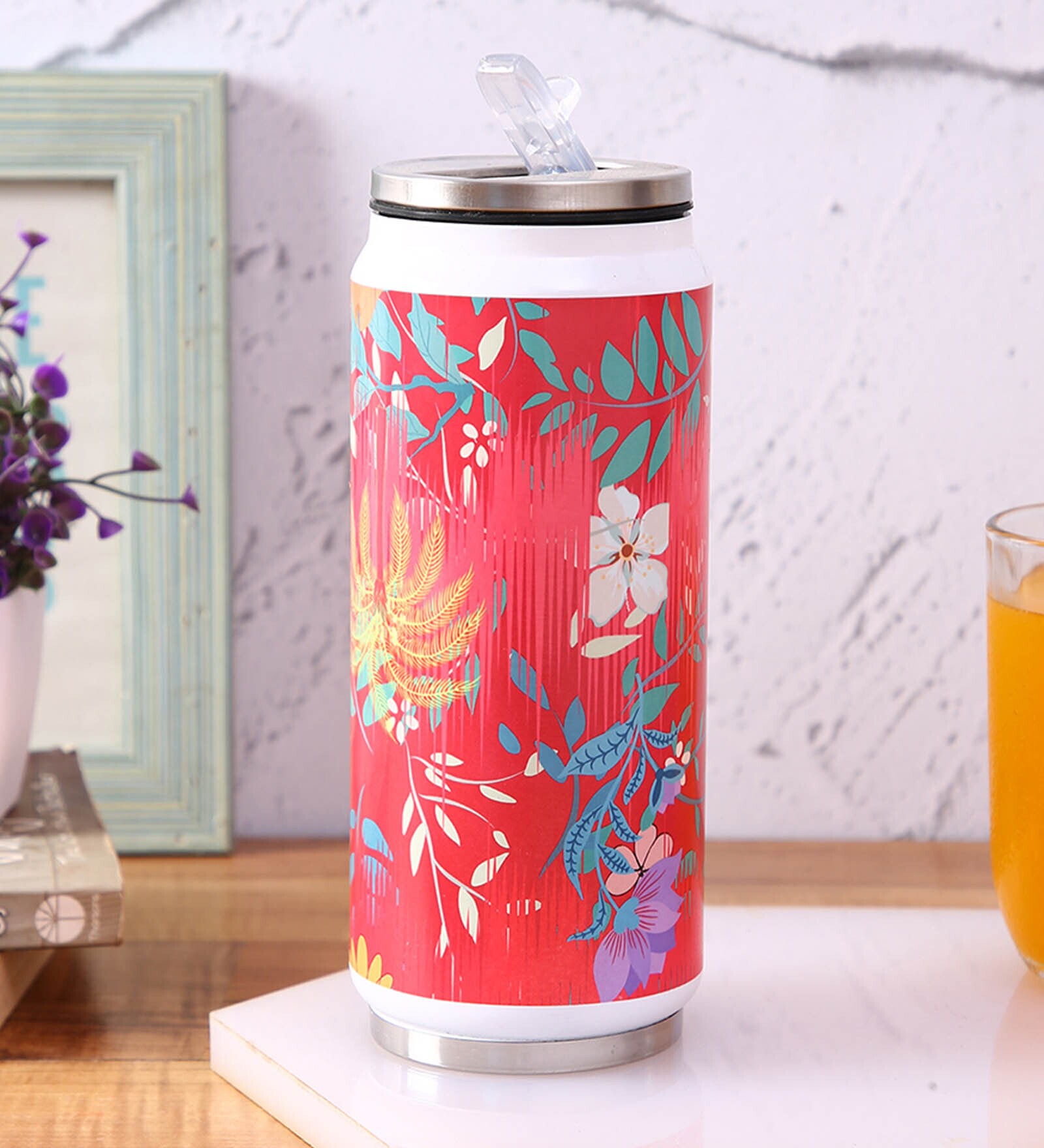 Stainless Steel Sipper Water  Bottle With Red Floral Print