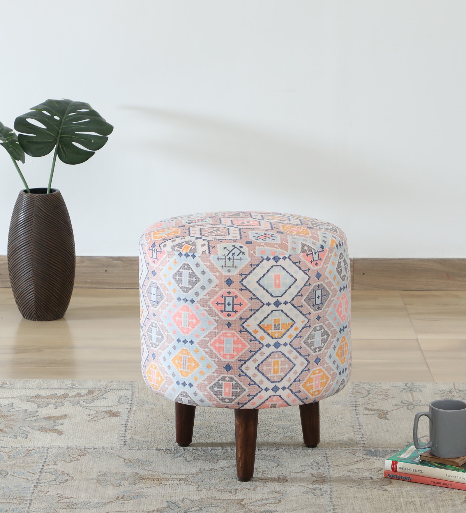 Colby Fabric Seating Stool In Provincial Teak Finish