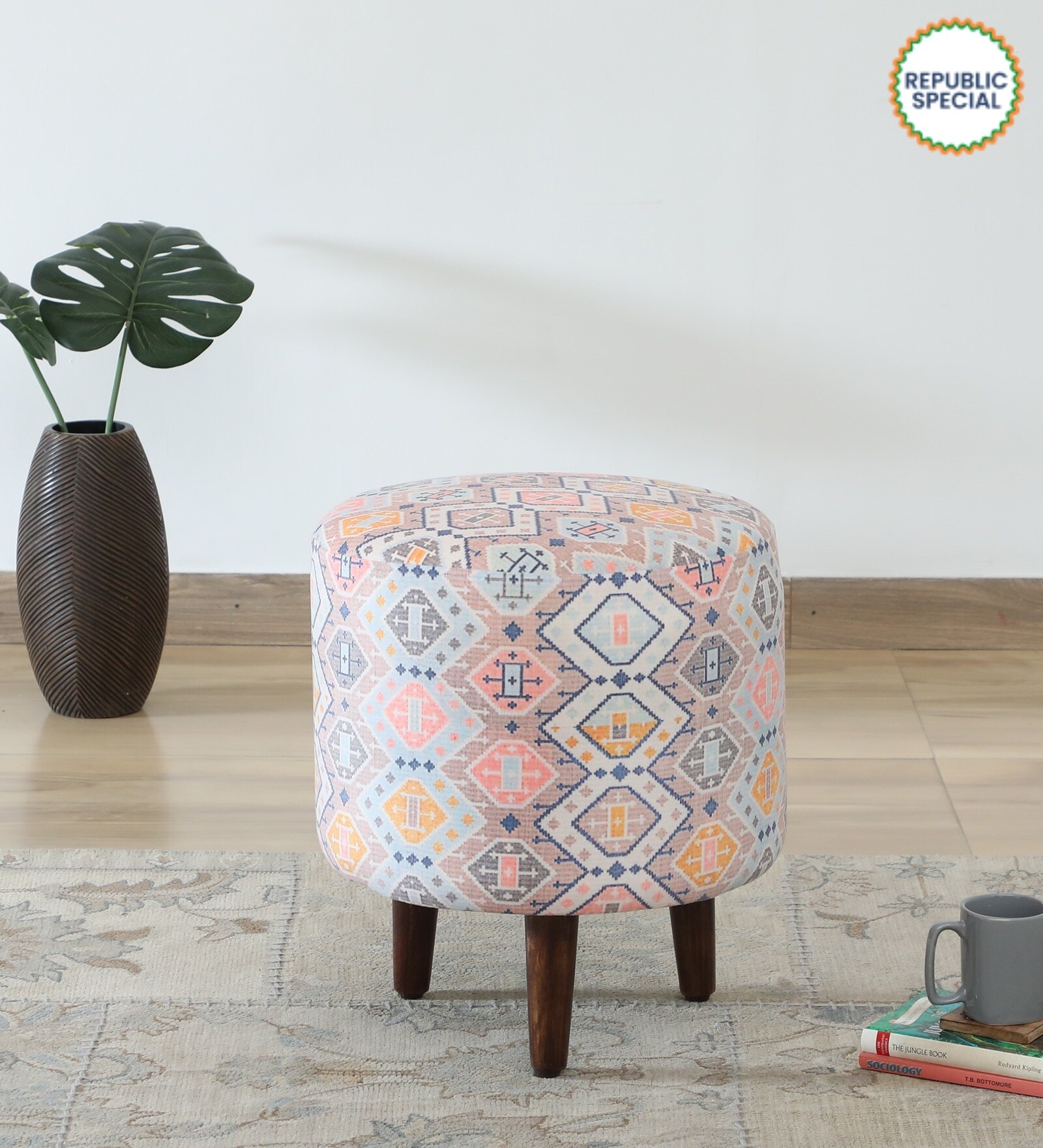 Colby Fabric Seating Stool In Provincial Teak Finish
