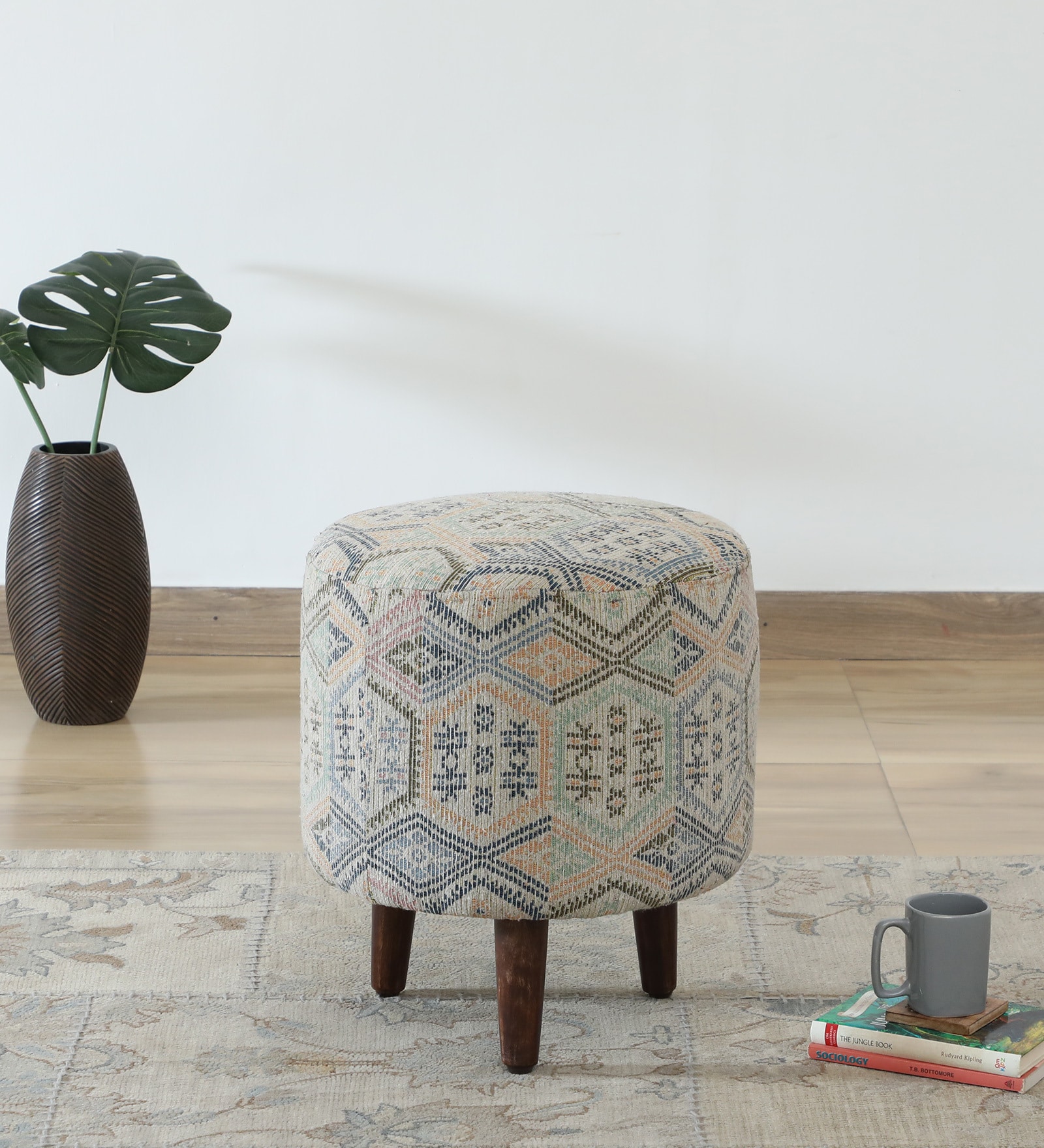 Colby Fabric Seating Stool In Provincial Teak Finish