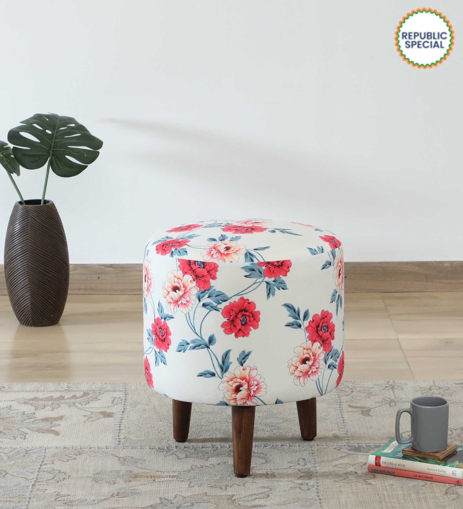 Colby Fabric Seating Stool In Provincial Teak Finish
