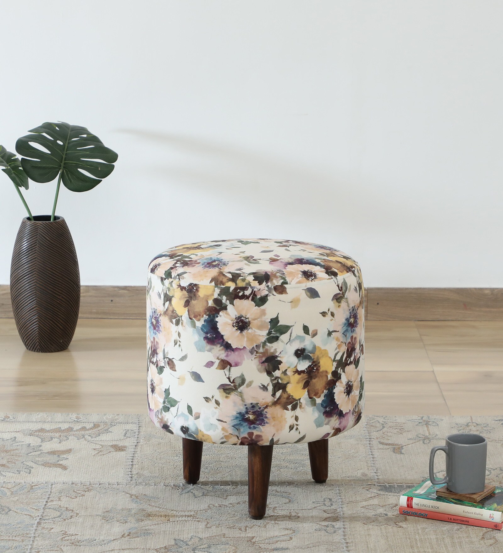 Colby Fabric Seating Stool In Provincial Teak Finish