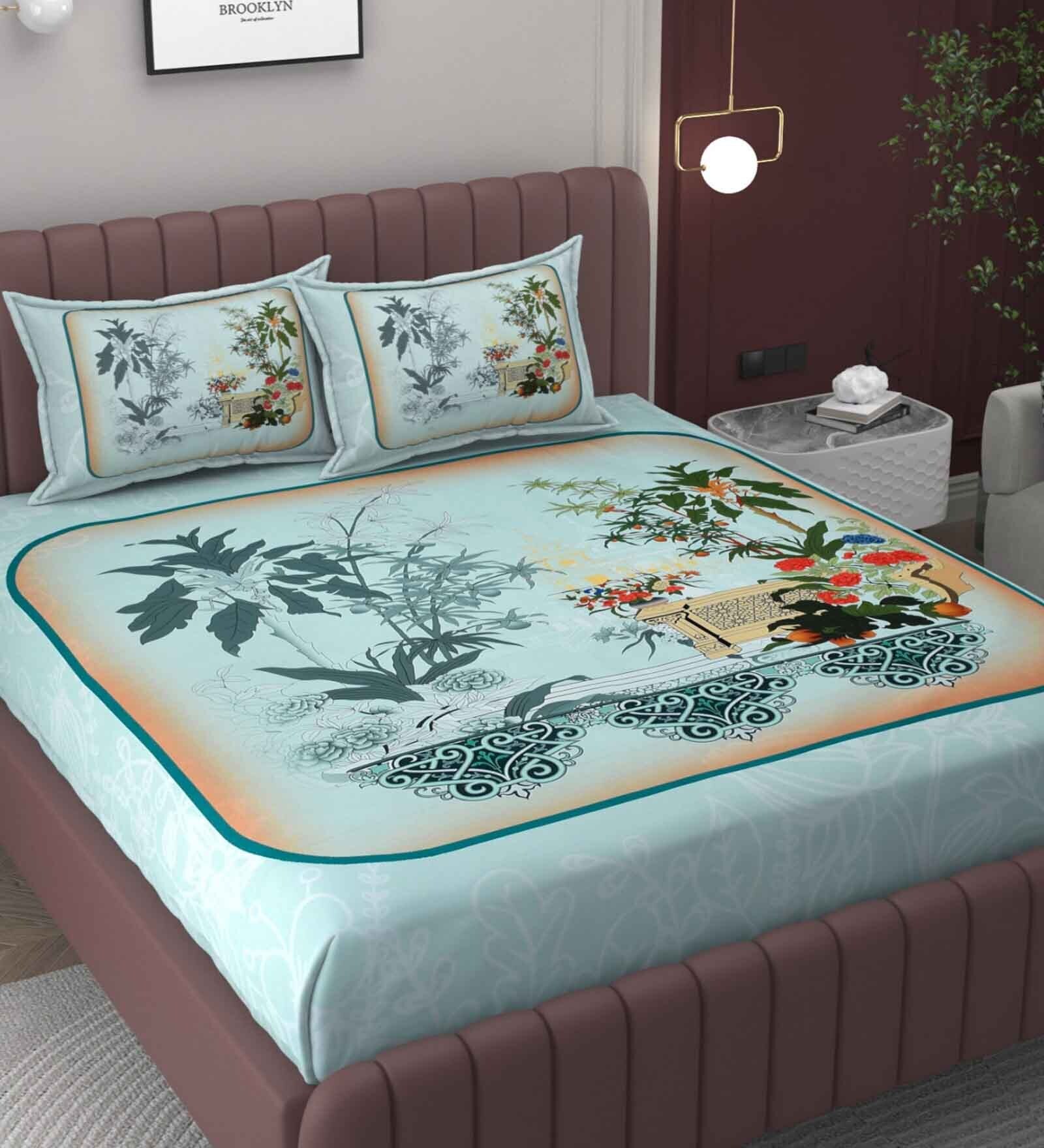 Blue Floral 250 TC Microfiber King Sized Double Bedsheet with 2 Pillow Covers