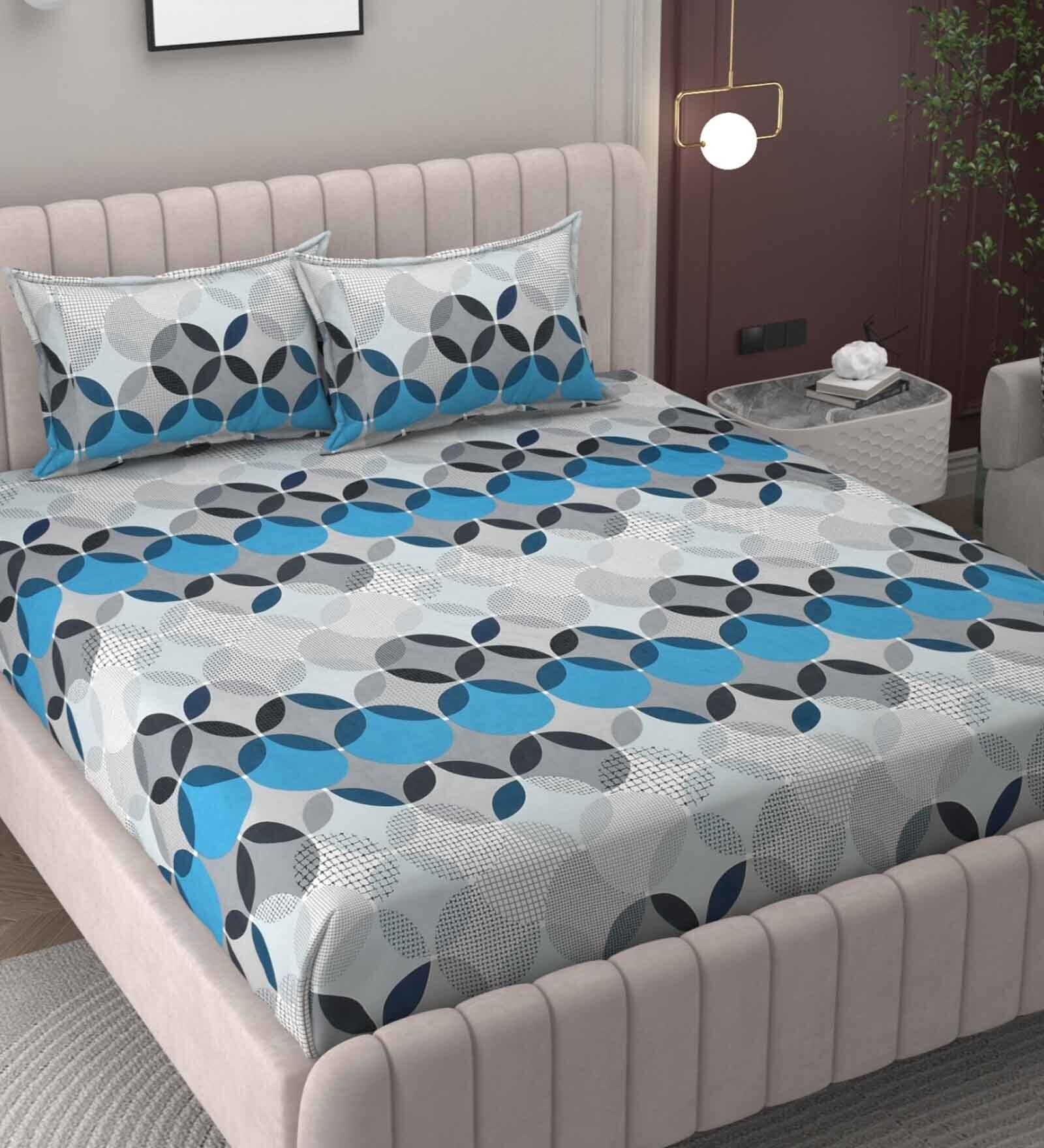 Blue Geometric 200 TC Microfiber King Sized Double Bedsheet with 2 Pillow Covers