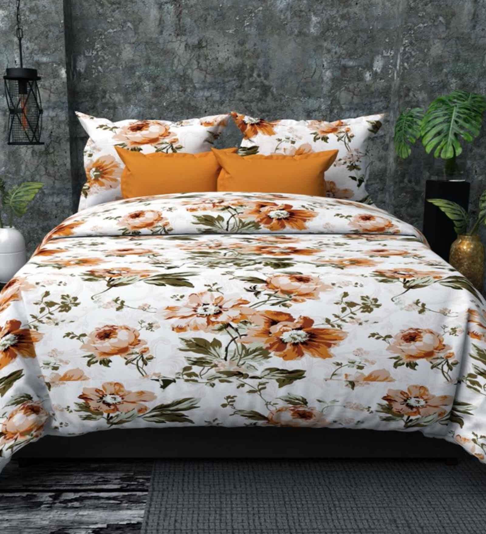 Orange Floral 200 TC Microfiber Twilight Floral King Sized Double Bedsheet with 2 Pillow Covers