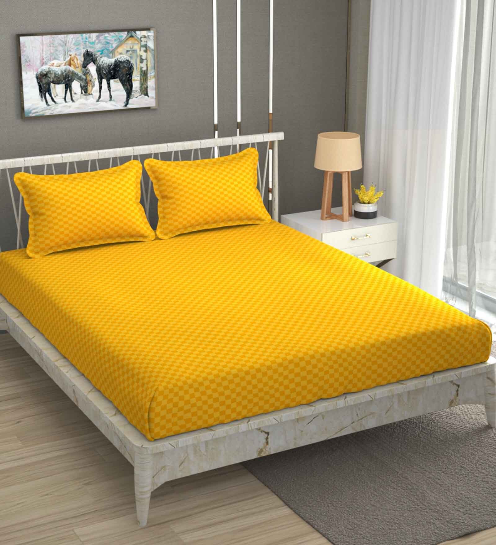 Yellow Traditional 300 TC Microfiber Queen Sized Double Bedsheet with 2 Pillow Covers