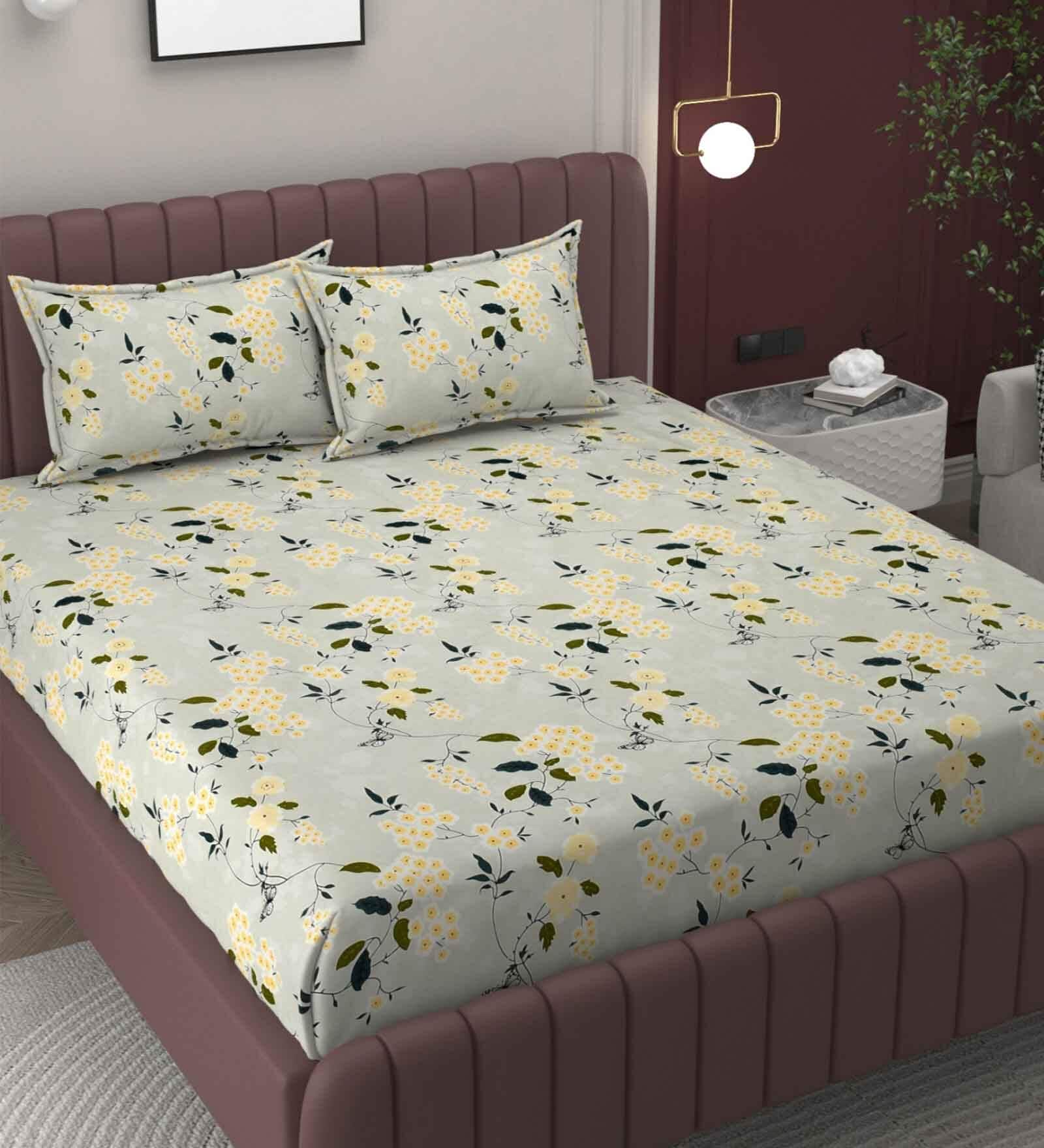 Green Floral 200 TC Microfiber King Sized Double Bedsheet with 2 Pillow Covers