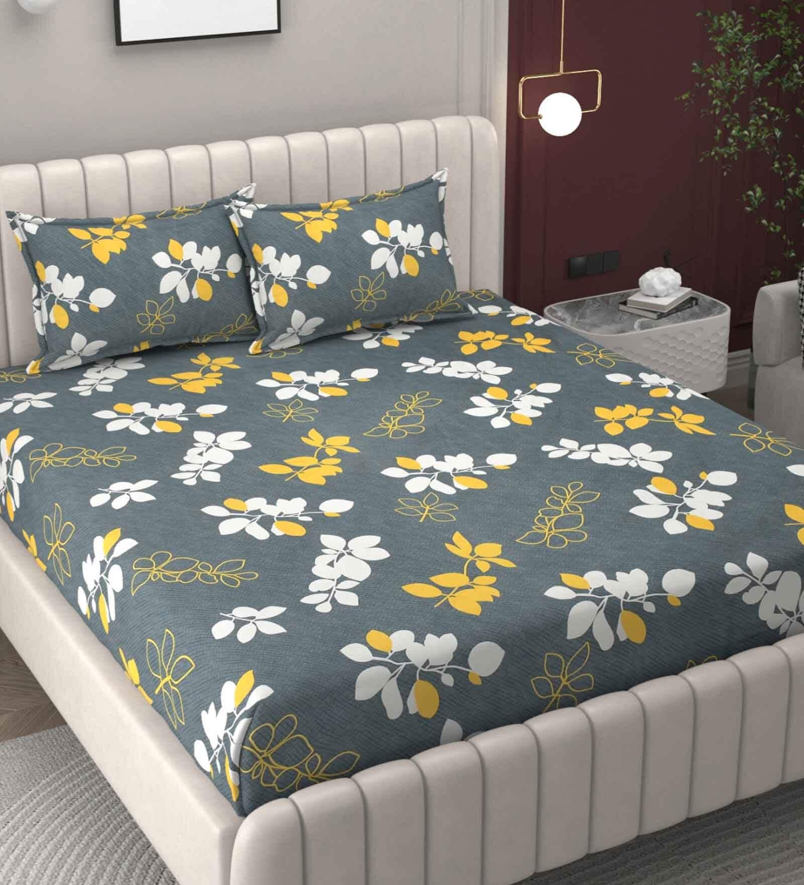 Grey Floral 200 TC Microfiber King Sized Double Bedsheet with 2 Pillow Covers
