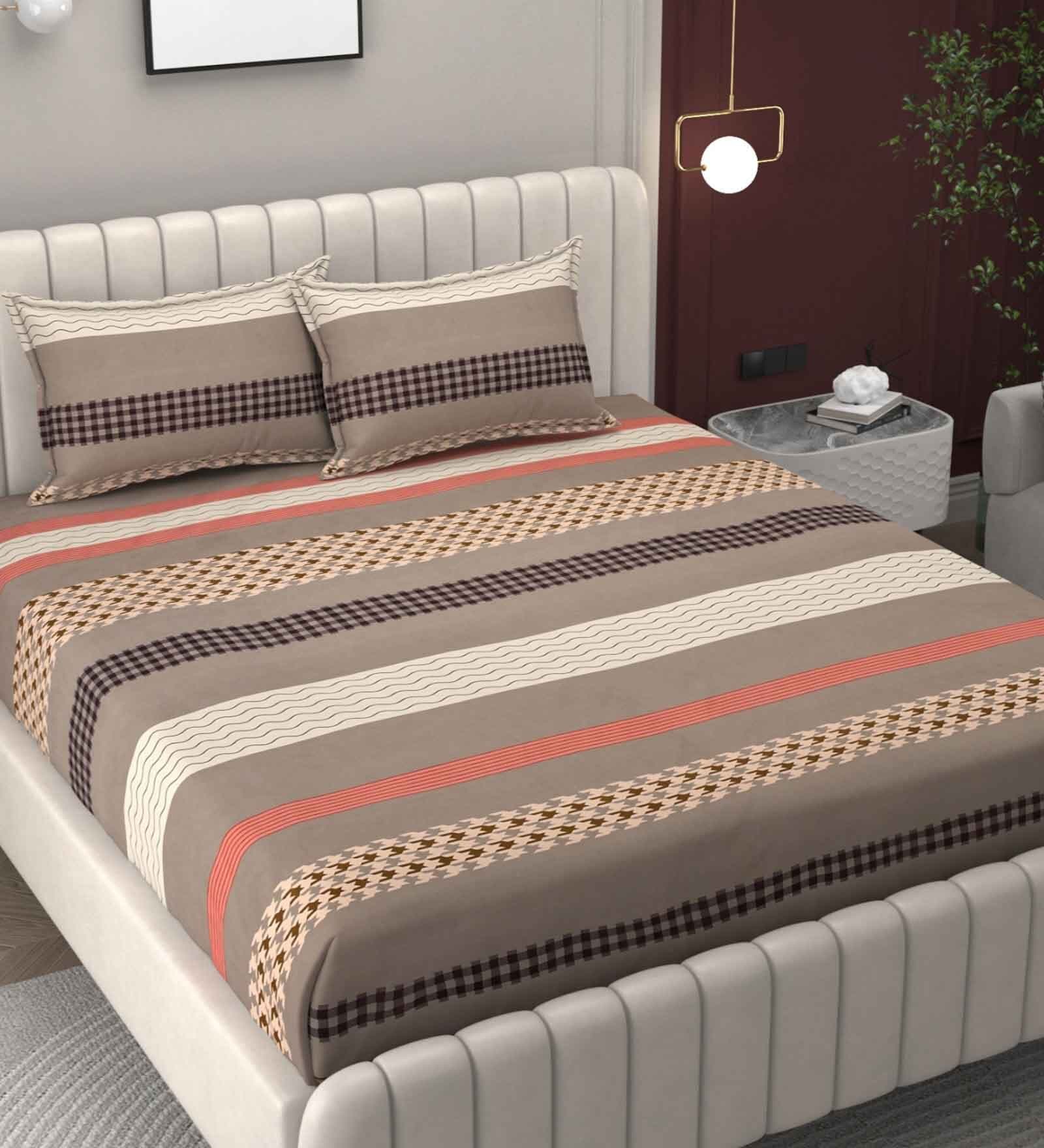 Multicolor Geometric 250 TC Microfiber King Size Double Bedsheet Fitted Microfiber With 2 Matching Pillow Covers