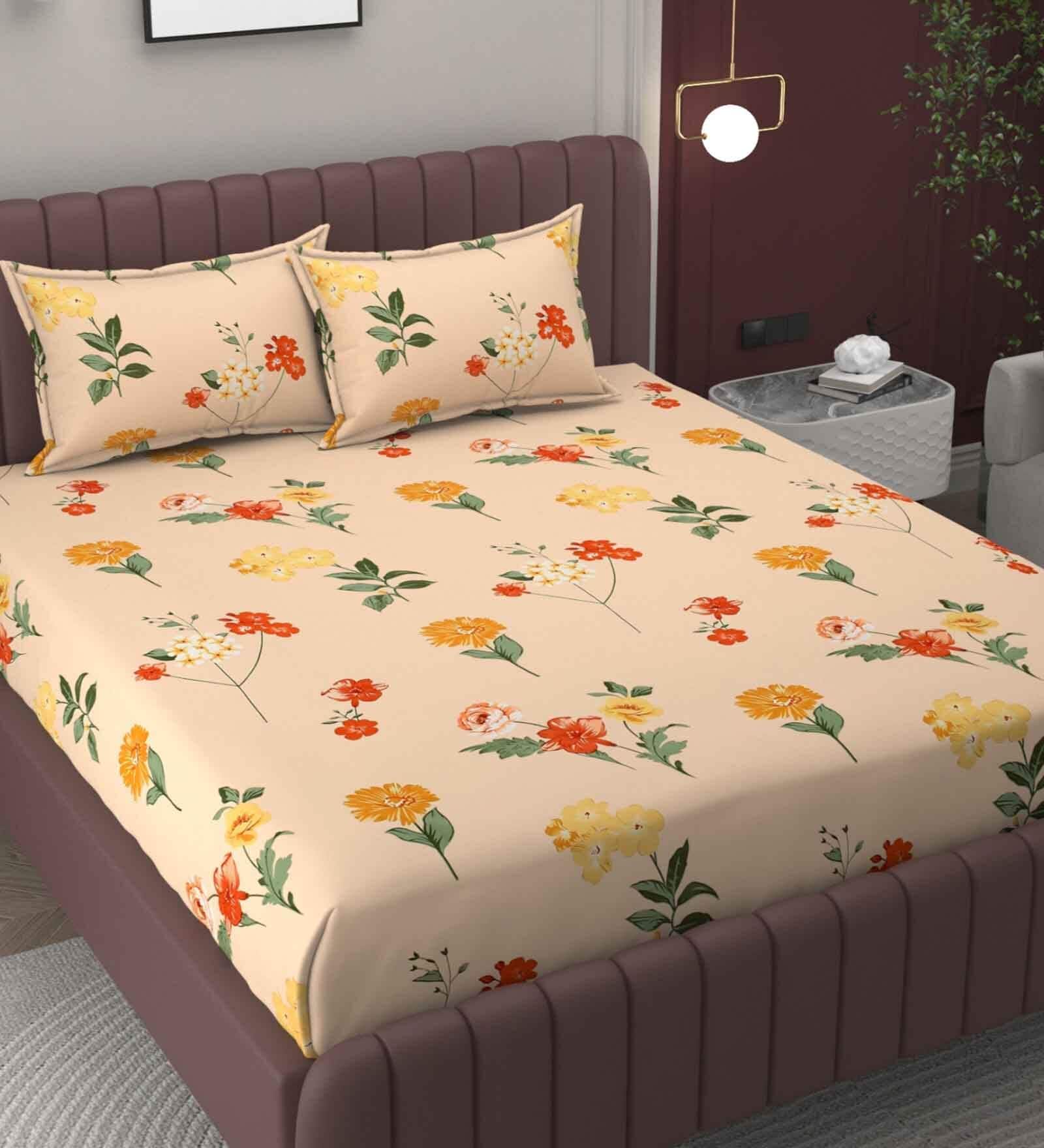 Orange Floral 250 TC Microfiber King Size Fitted Bedsheet With 2 Pillow Covers
