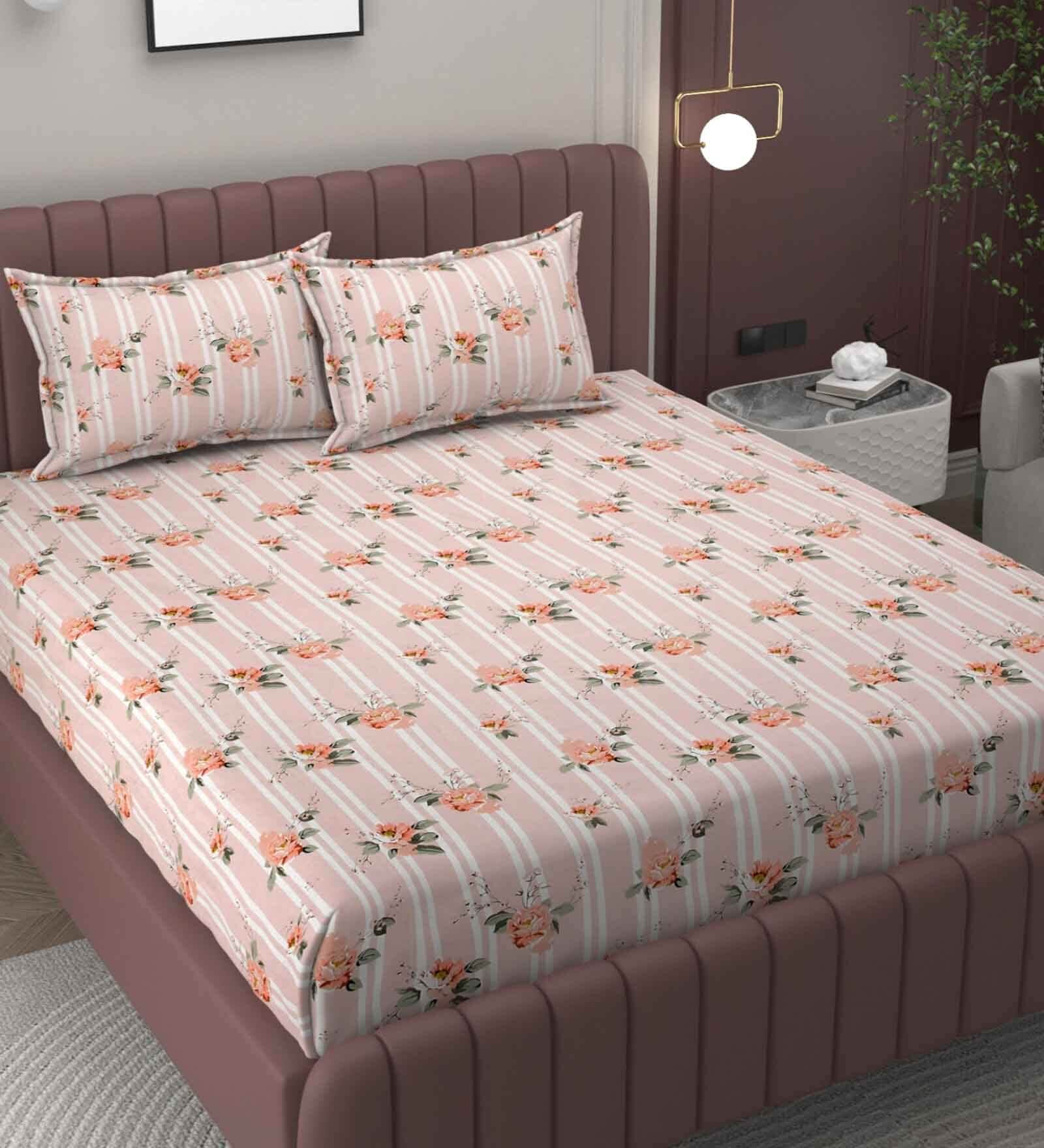 Pink Floral 250 TC Microfiber King Size Double Bedsheet Fitted Microfiber With 2 Matching Pillow Covers