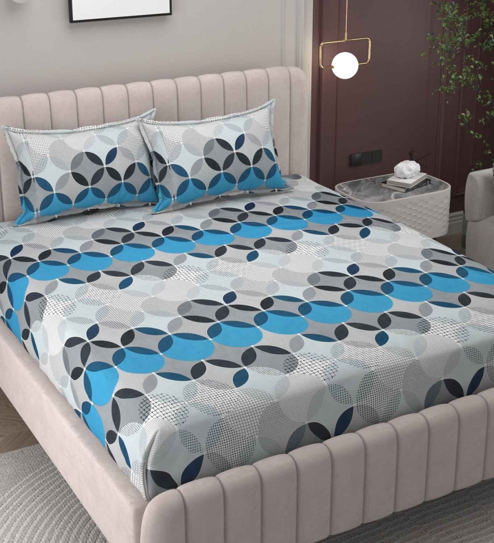 Blue Geometric 250 TC Microfiber King Size Double Bedsheet Fitted Microfiber With 2 Matching Pillow Covers