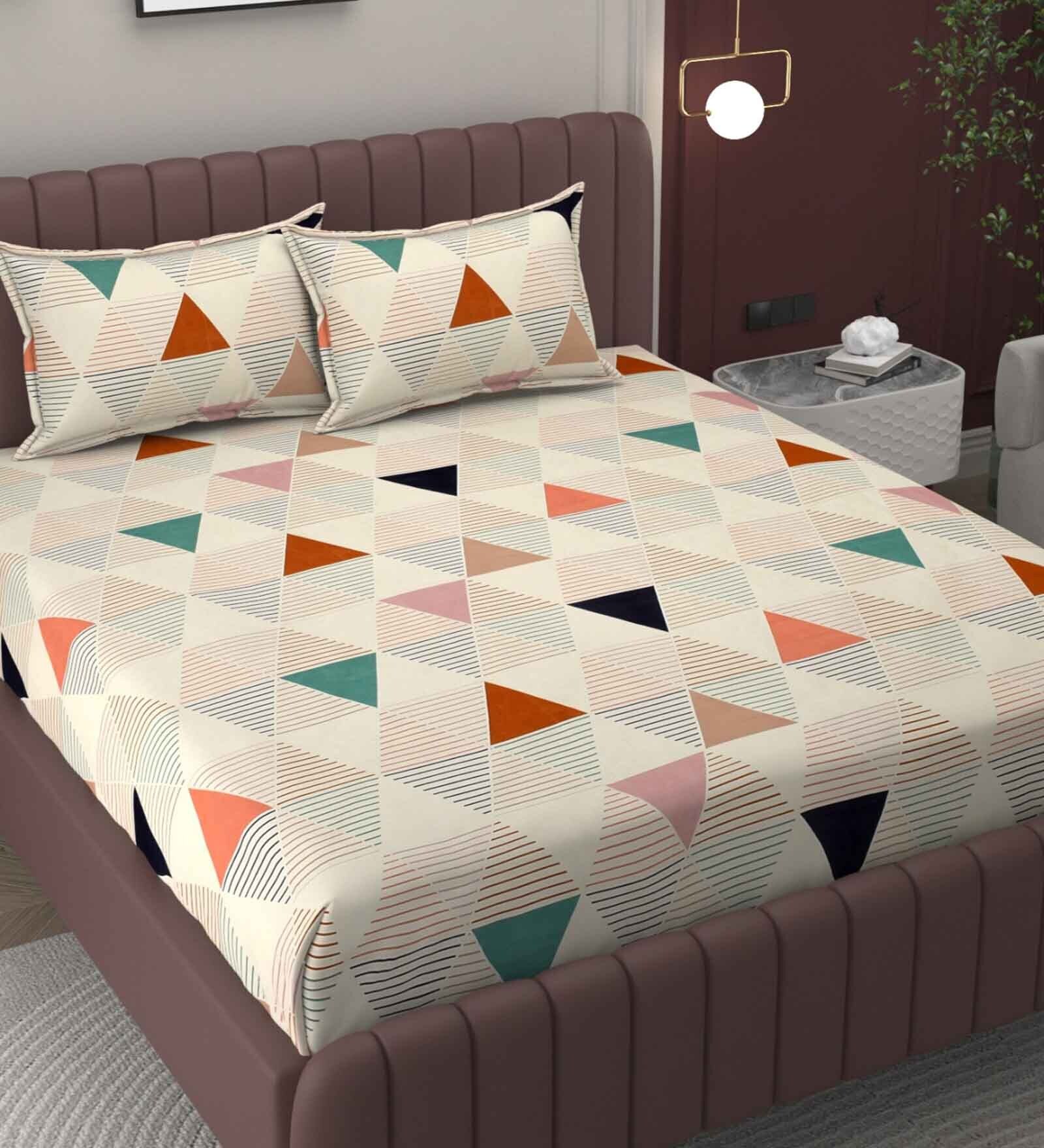 Multicolor Geometric 250 TC Microfiber King Size Double Bedsheet Fitted Microfiber With 2 Matching Pillow Covers