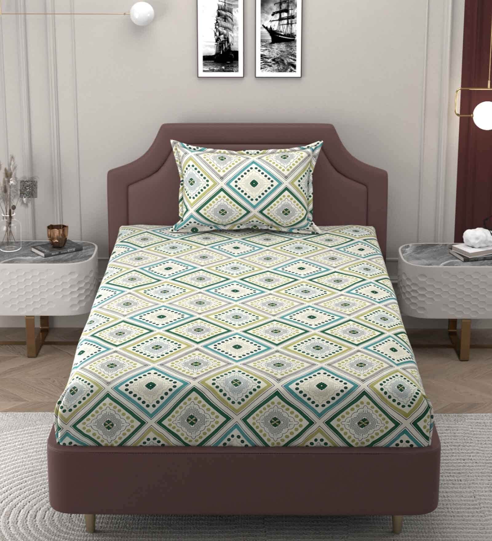 Green Geometric 250 TC Microfiber Single Bed Soft Microfiber Printed Bedsheet With 1 Pillow Cover Green Geometric 250 TC Microfiber Single Bed Soft Microfiber Printed Bedsheet With 1 Pillow Cover