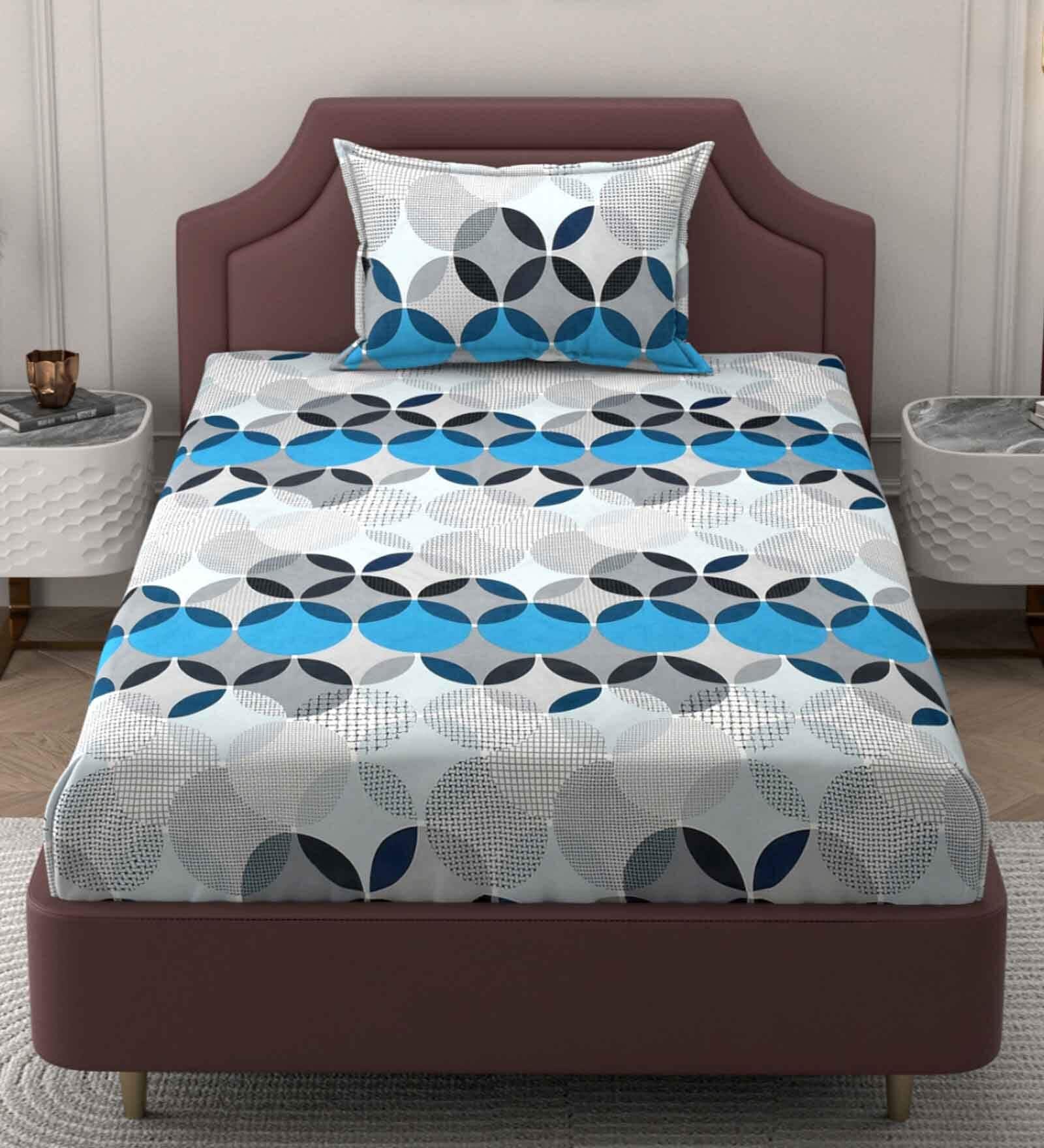 Blue Geometric 250 TC Microfiber Single Bed Soft Microfiber Printed Bedsheet With 1 Pillow Cover