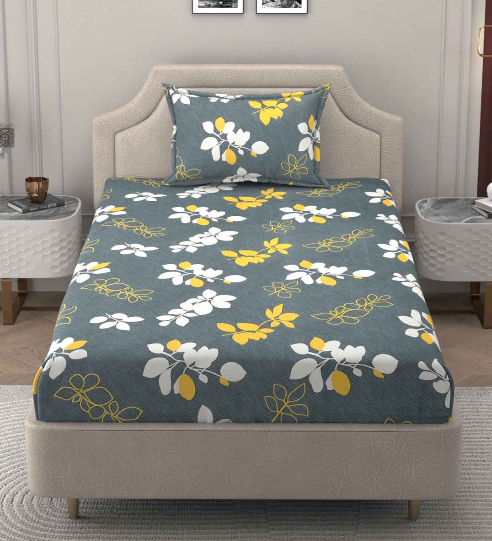 Grey Floral 250 TC Microfiber Single Bed Soft Microfiber Printed Bedsheet With 1 Pillow Cover