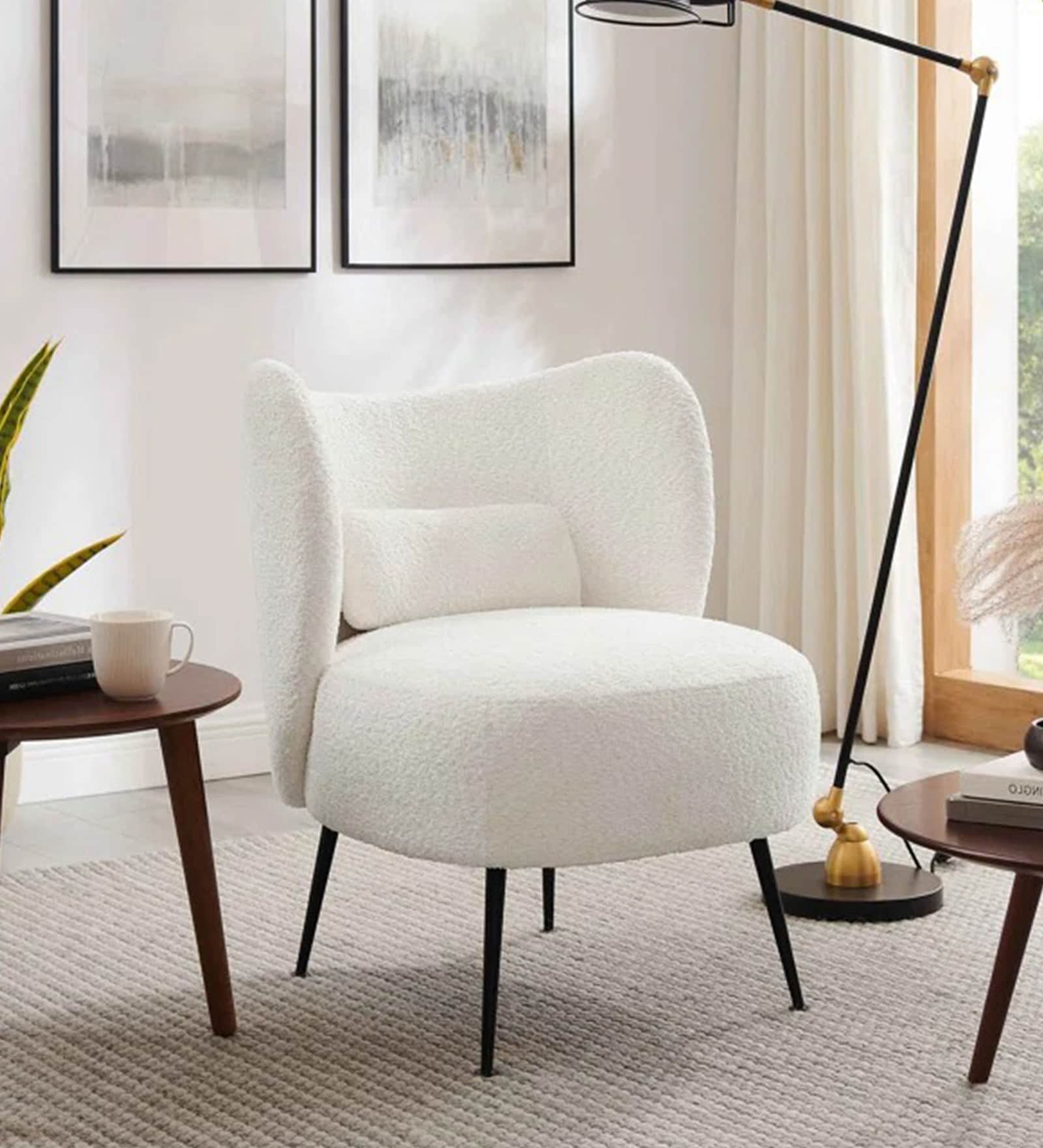 Collin Boucle Fabric Lounge Chair In Warm White Colour