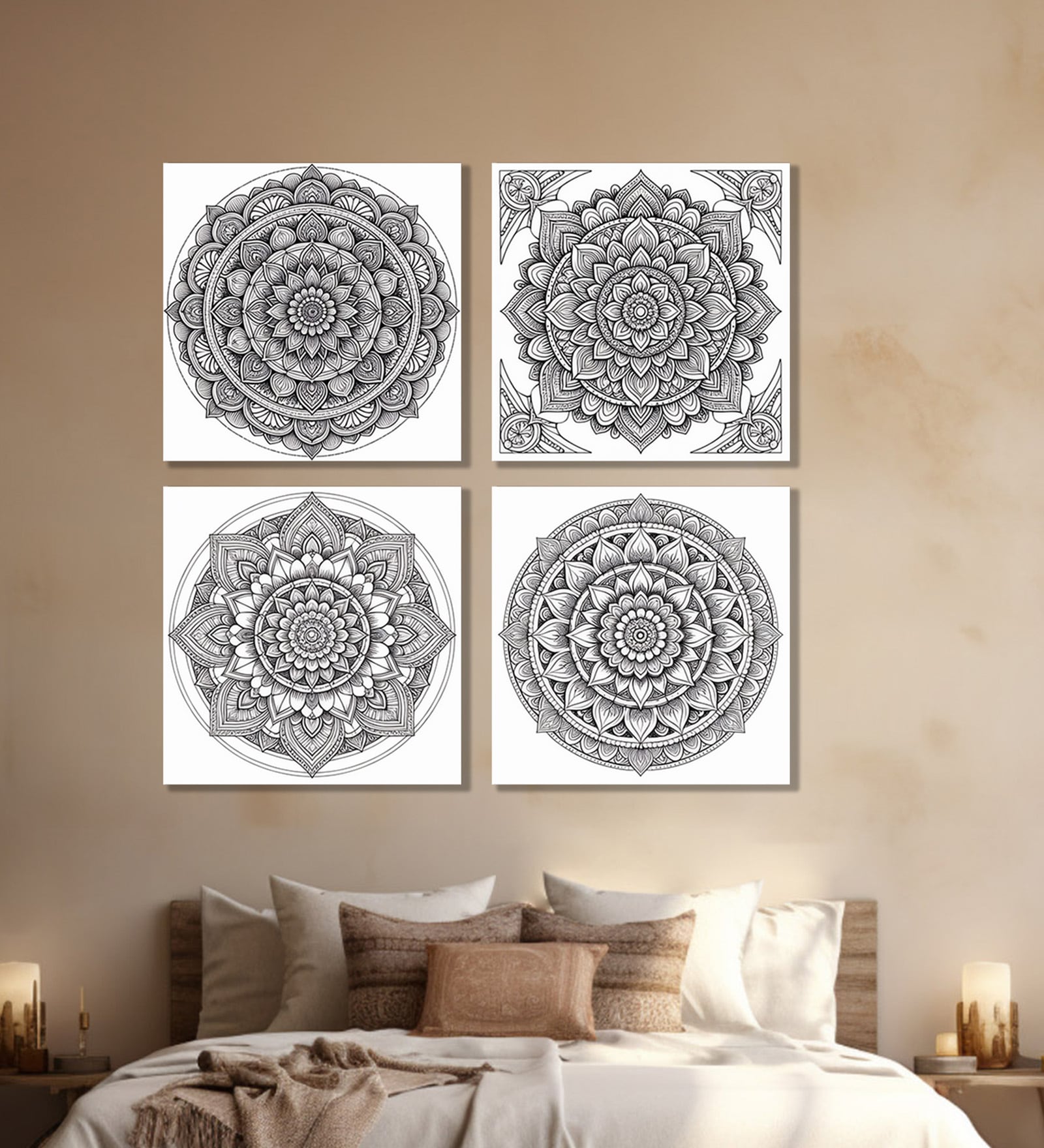 Circular Canvas Art Set Printed Wall Painting Set of 4 Stretch Canvas Frame