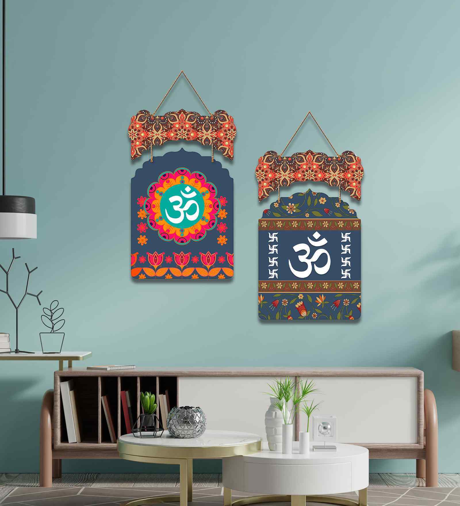 Set of 2  Om & Swastik Wooden Wall Hanging