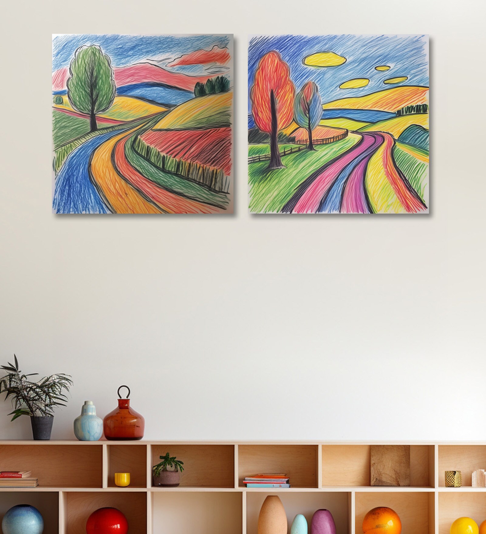 Colorful Crayon Hand Drawn Canvas Wall Painting Set of 4 Stretch Canvas Frame