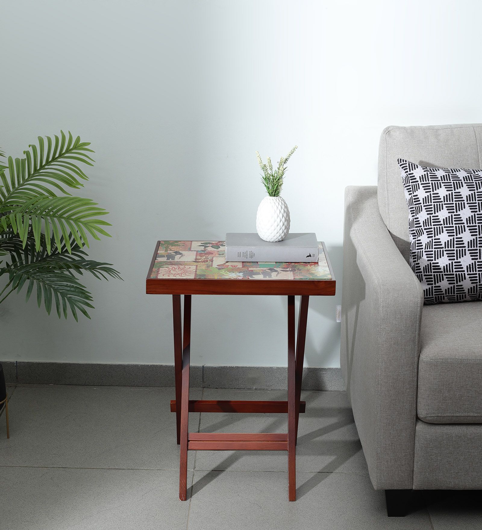 Colour Print Solid Wood Side Table in Brown Colour