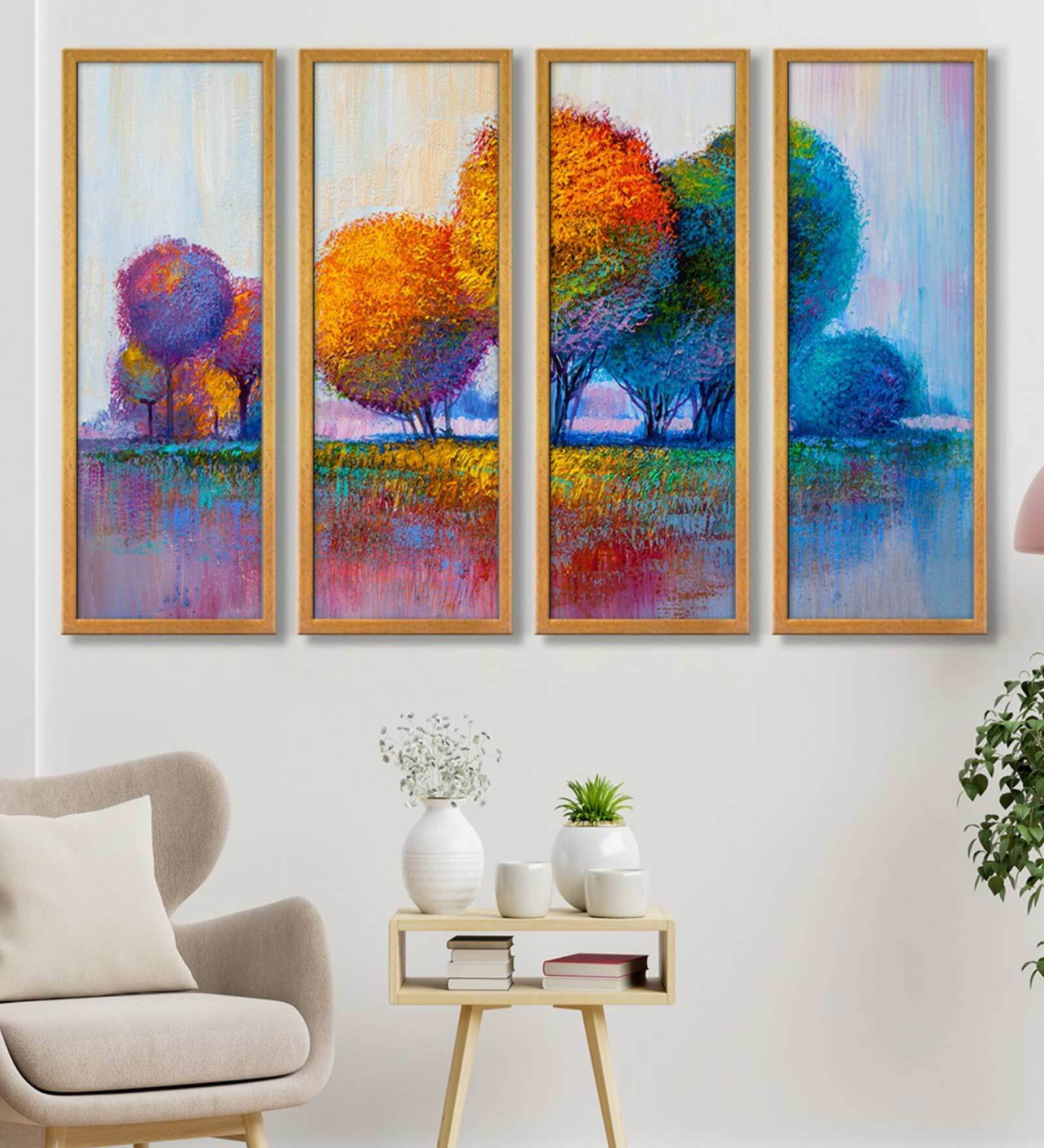 Buy Trees Multicolour Canvas Framed Landscape Art Panel Set of 4 Online