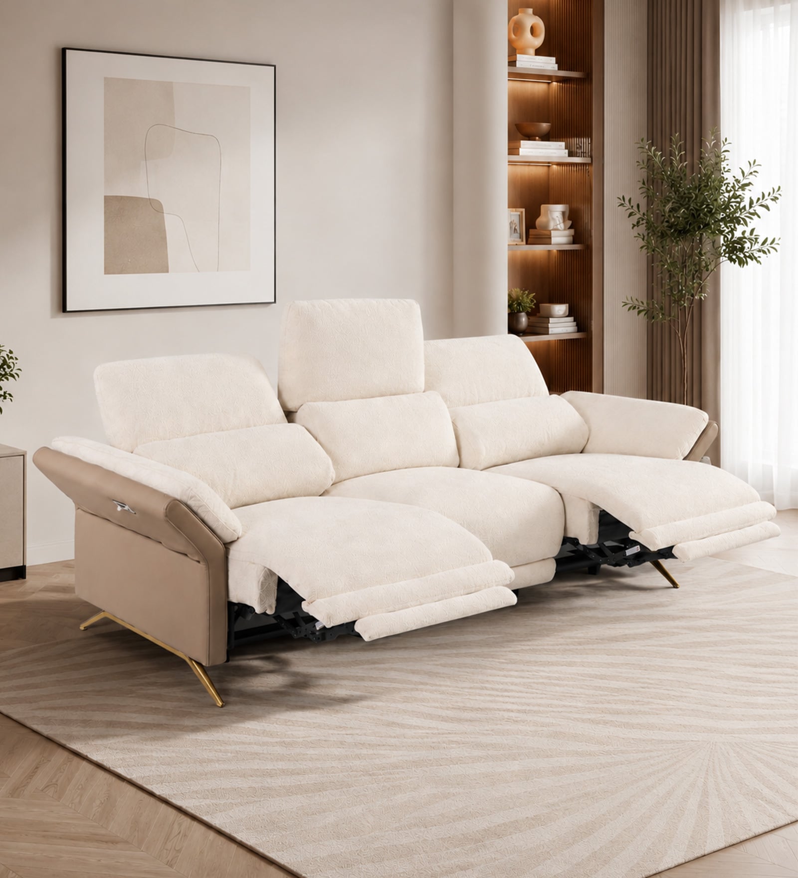 Dusk Fabric 3 Seater Motorized Recliner Sofa in Beige Colour