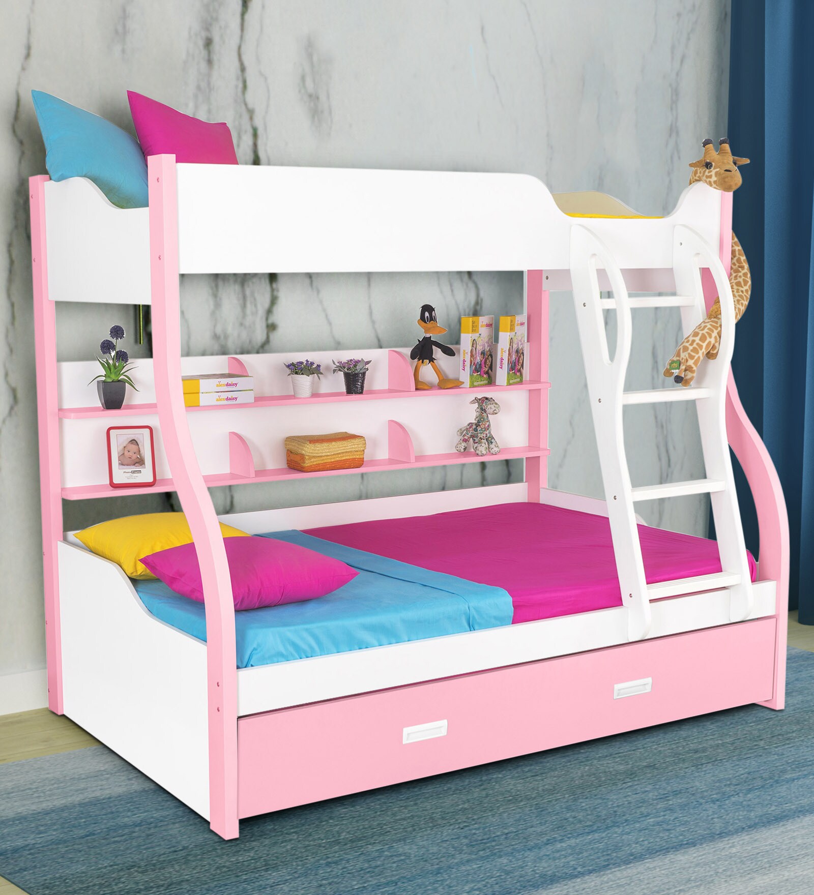 Columbia Bunk Bed in Pink Colour with Drawer Storage