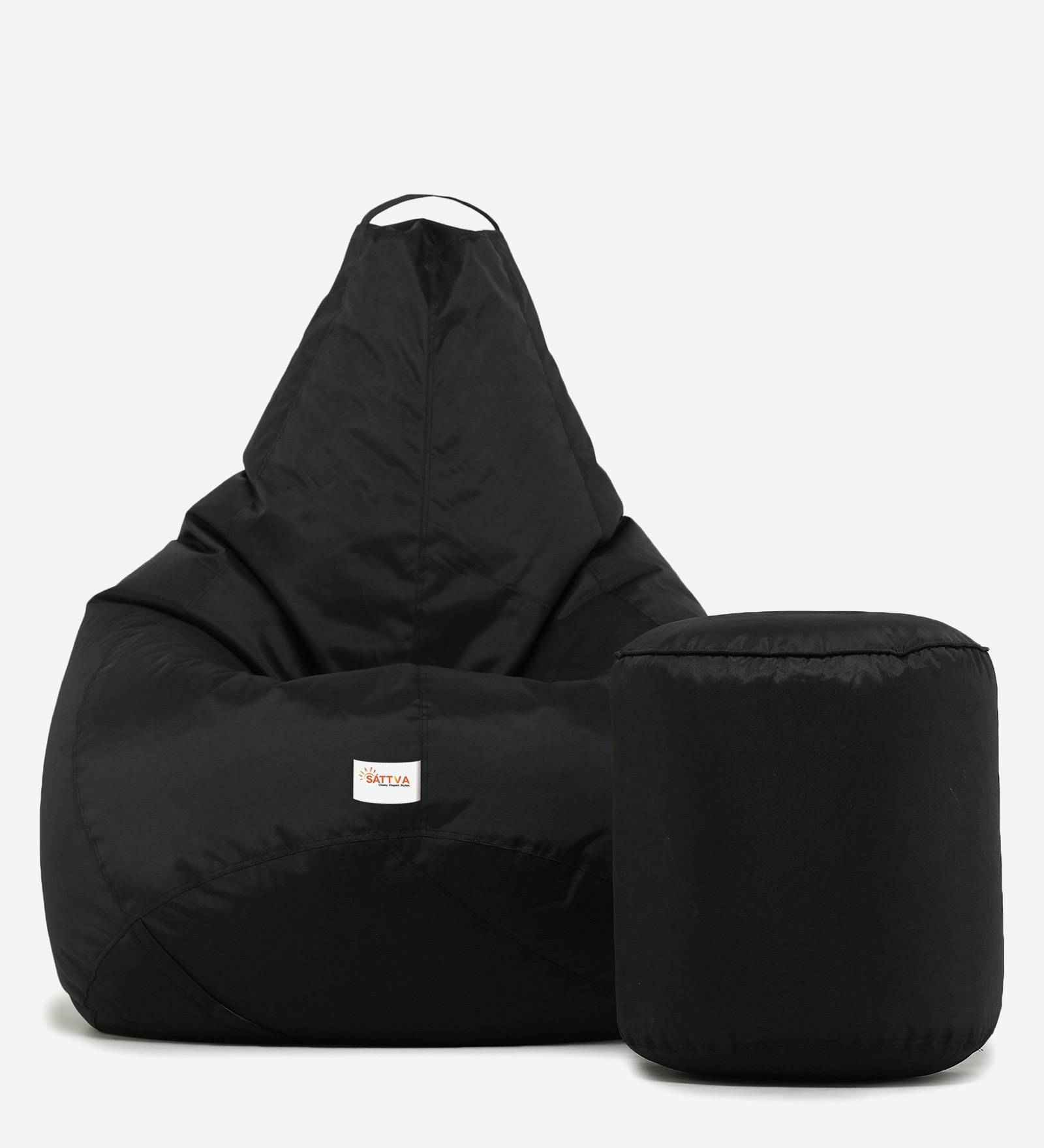 Combo Classic XXL All Weather Outdoor Bean Bag & Round Pouffe with Beans In Black Colour