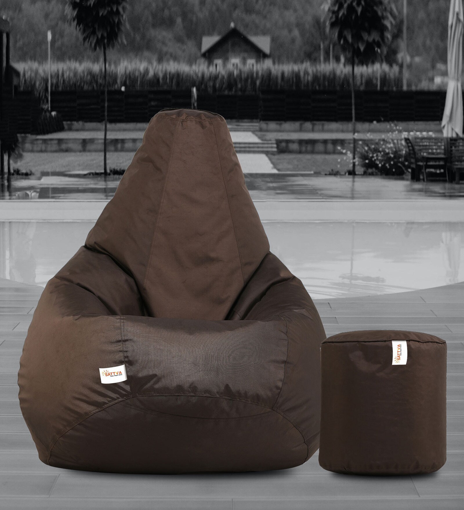 Combo XXL Fabric Bean Bag with Beans in Brown Colour with Foot Stool
