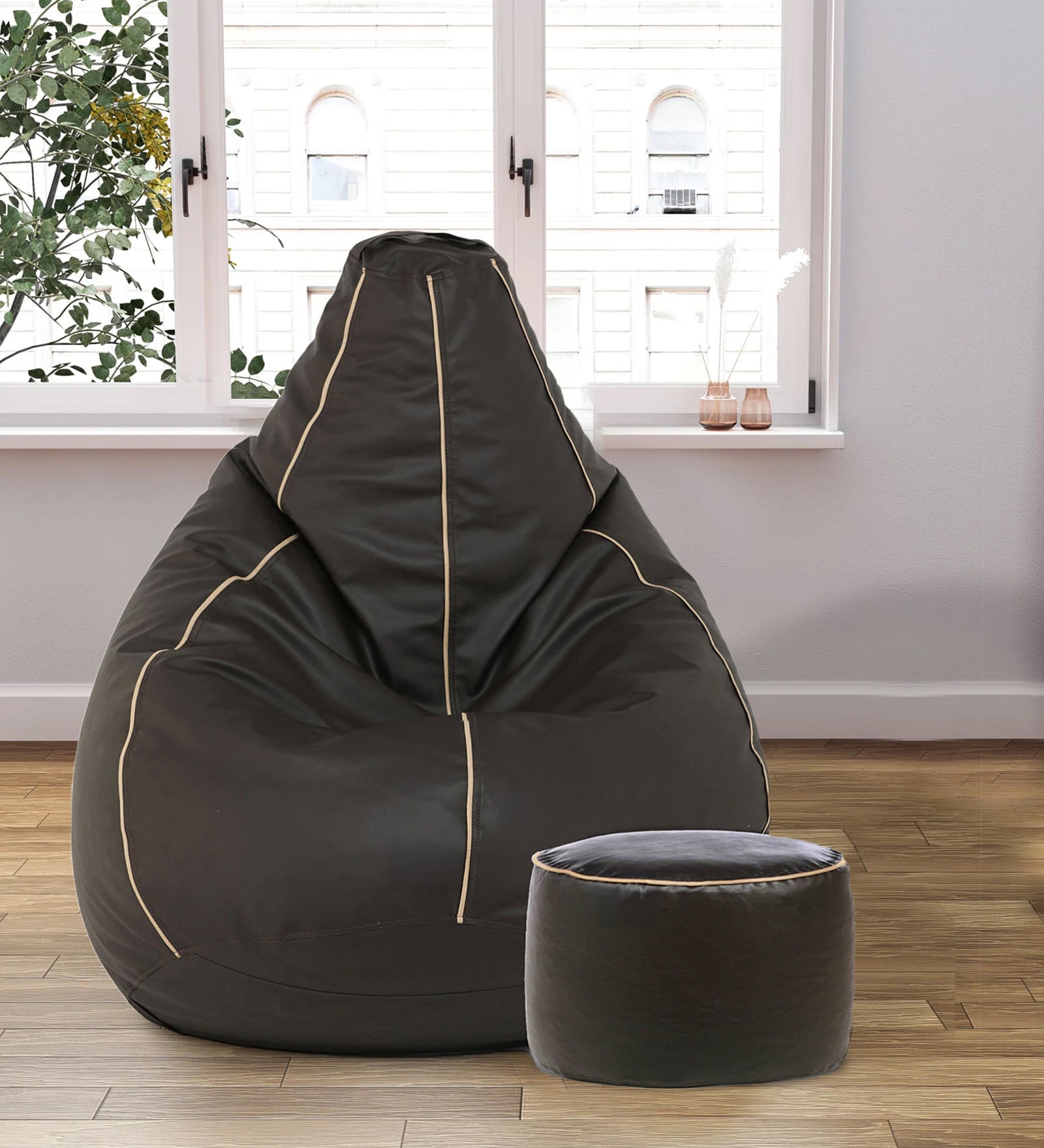 Combo Classic XXXL Leatherette Bean Bag with Beans in cream piping & Brown Colour with Pouffe