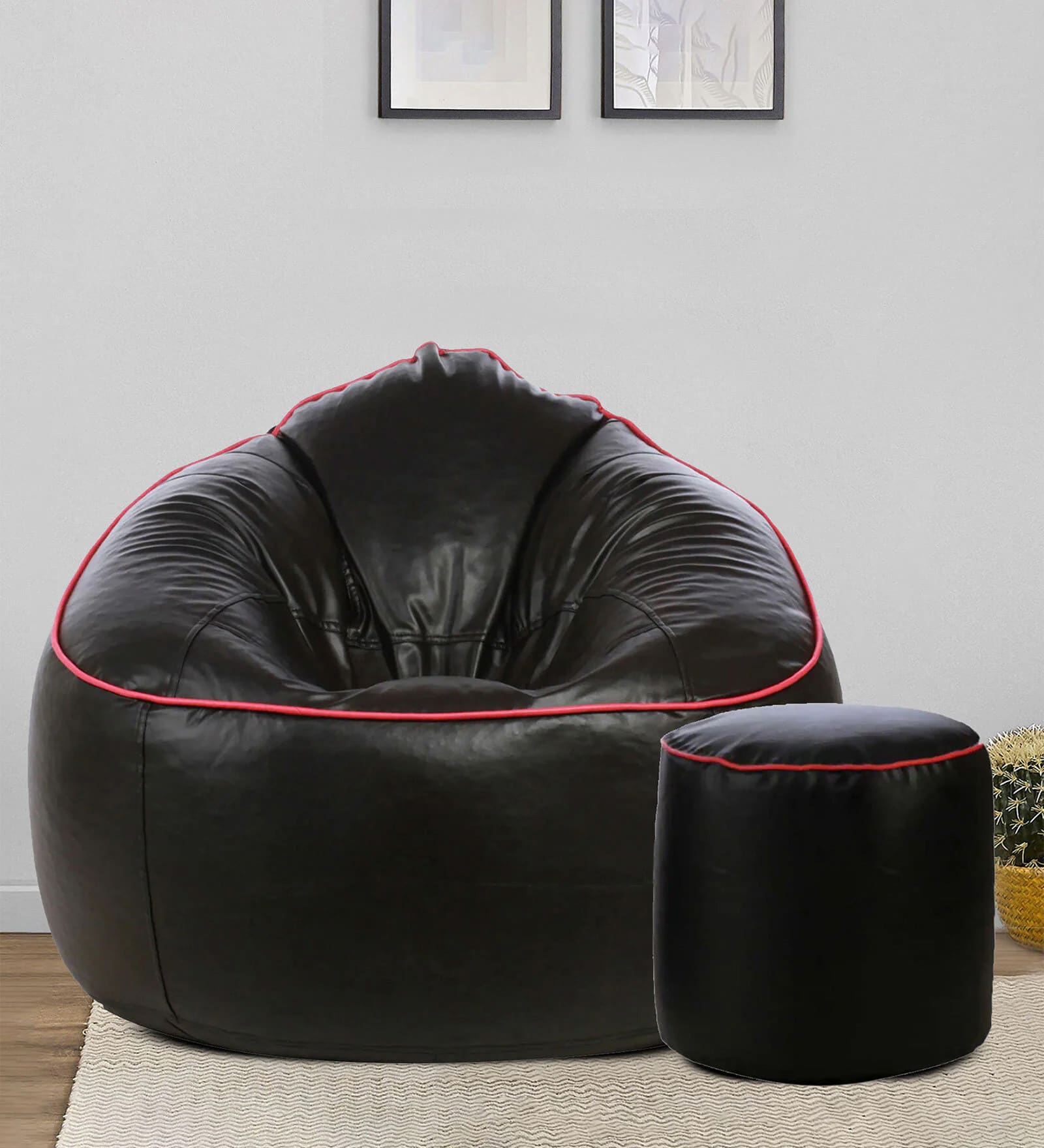 Combo Muddha Leatherette Bean Bag with Beans in Pink Piping & Black Colour with Pouffe