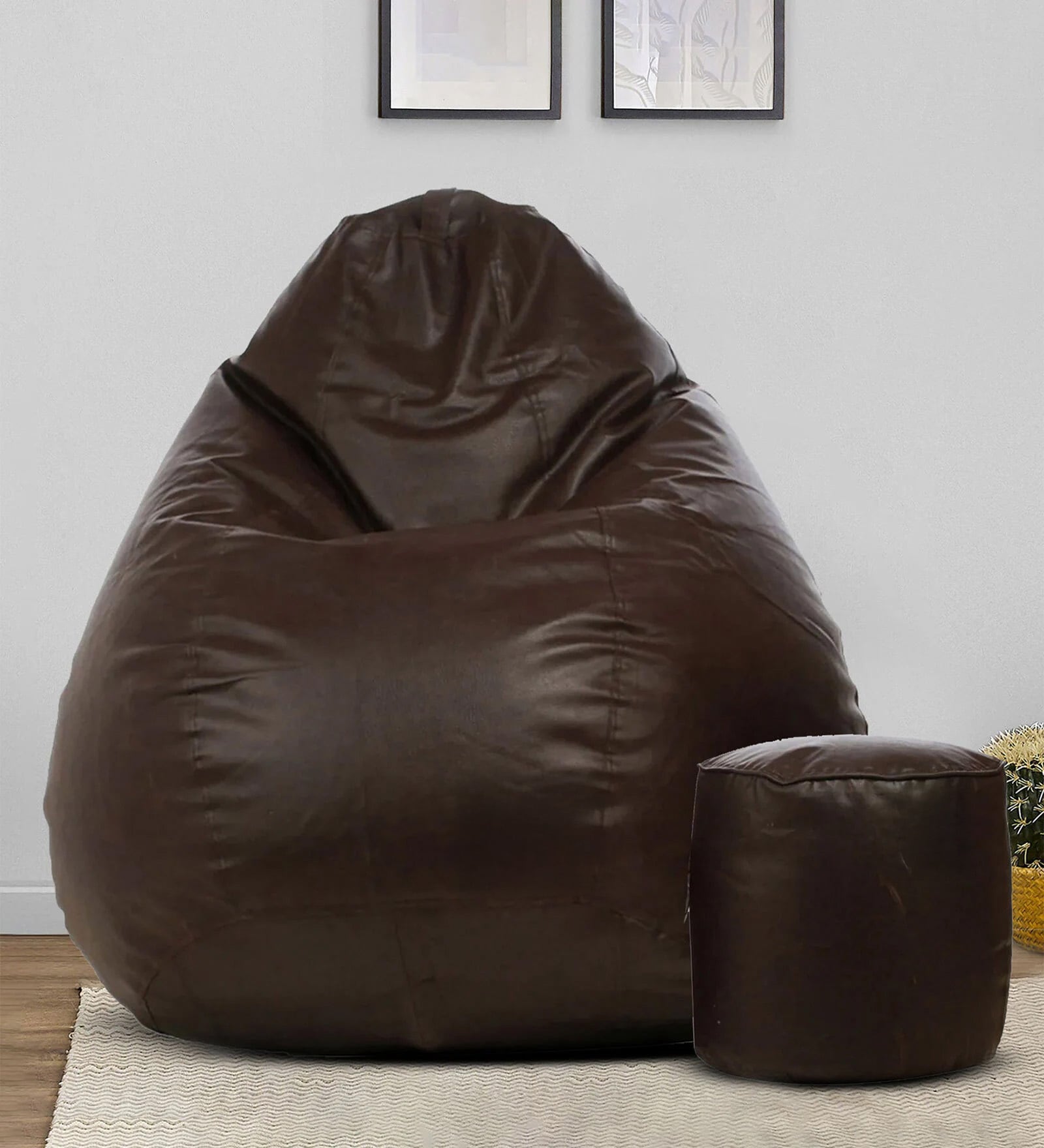 Combo XXXL Leatherette Bean Bag with Beans in Brown Colour with Pouffe