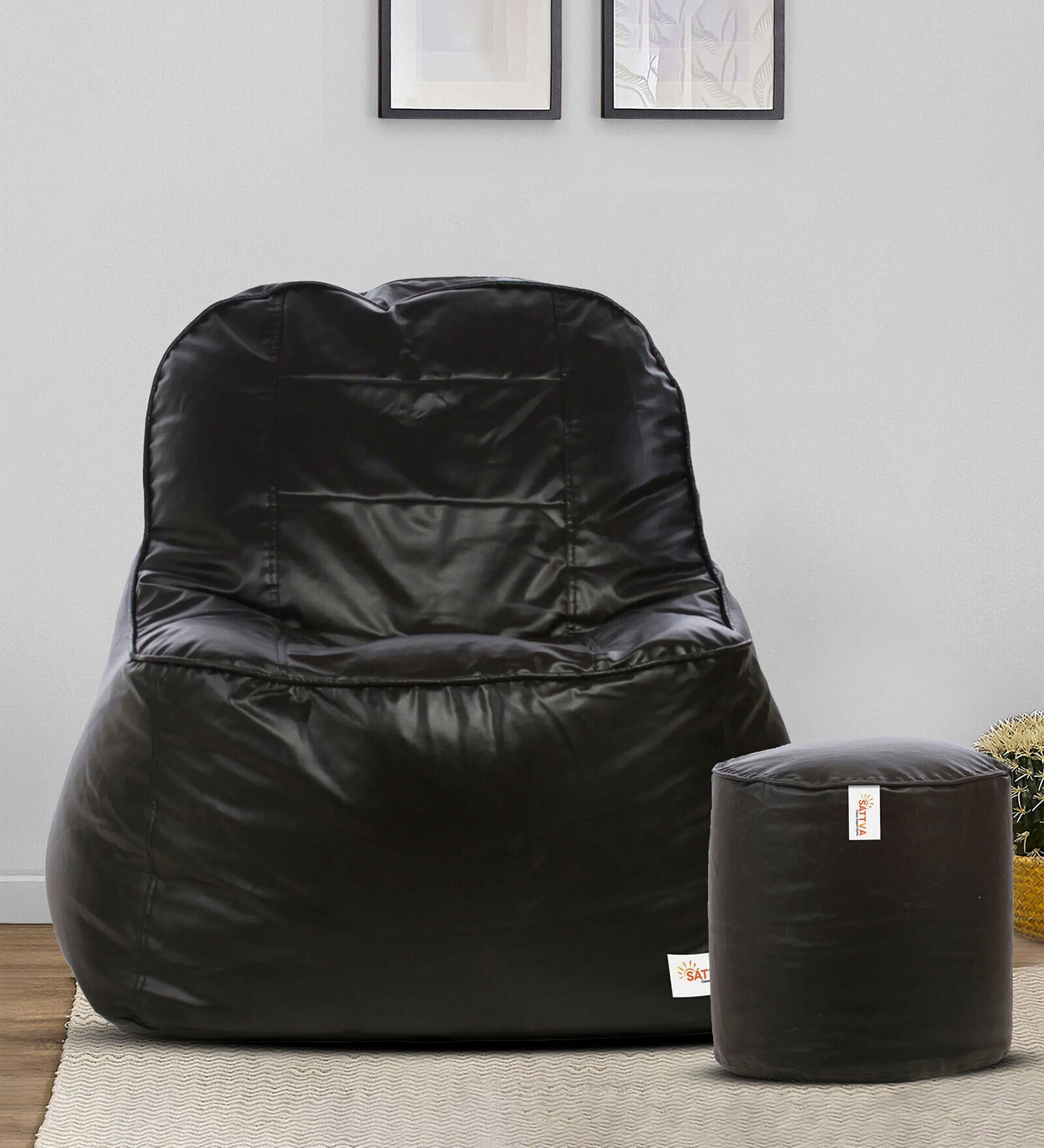 Combo XXXL Leatherette Bean Bag with Beans in Jet Black Colour with Pouffe