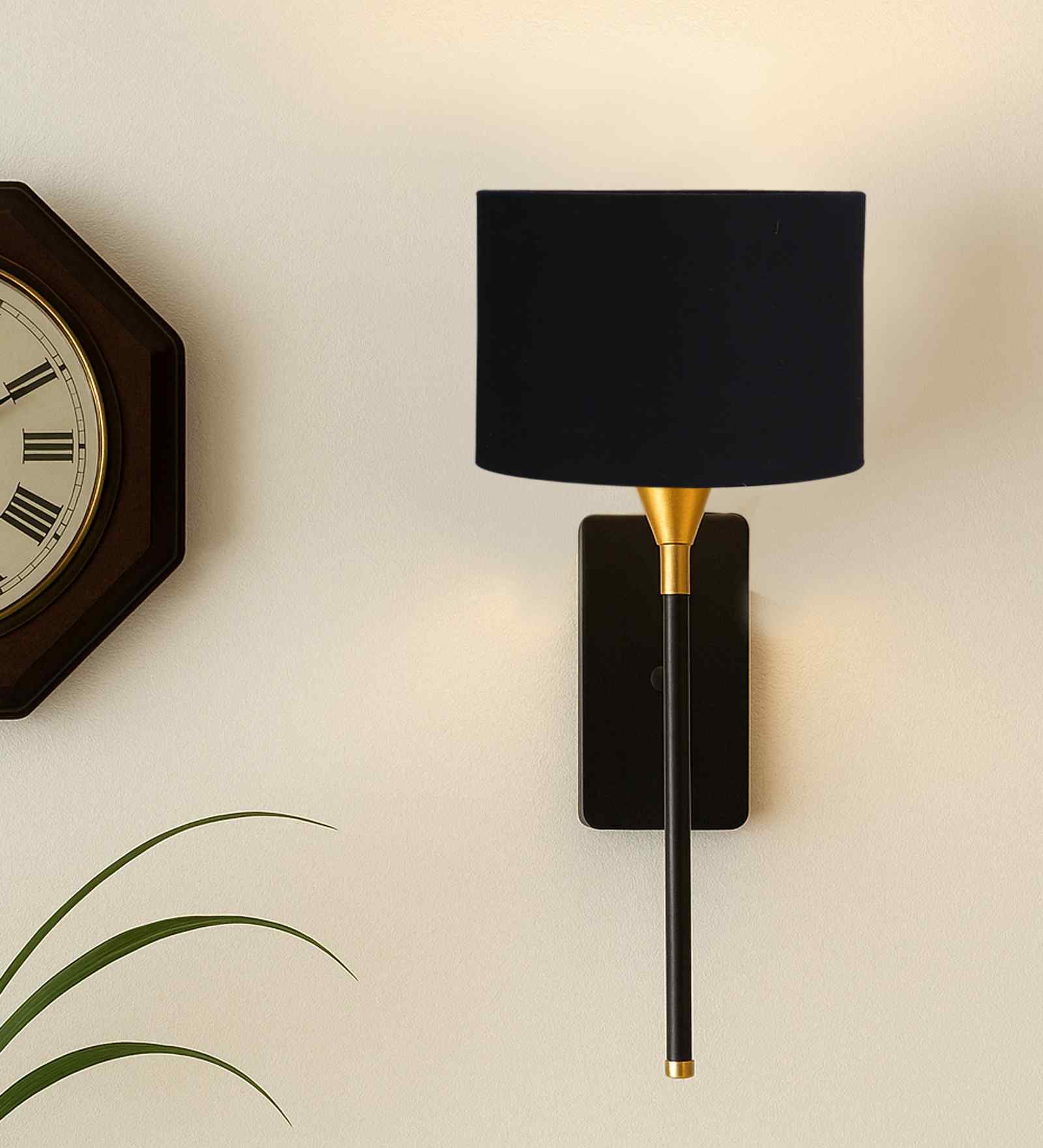 Compact 7" Drum Shade Wall Lamp   Fabric Shade with Metal Mount-Black Cotton