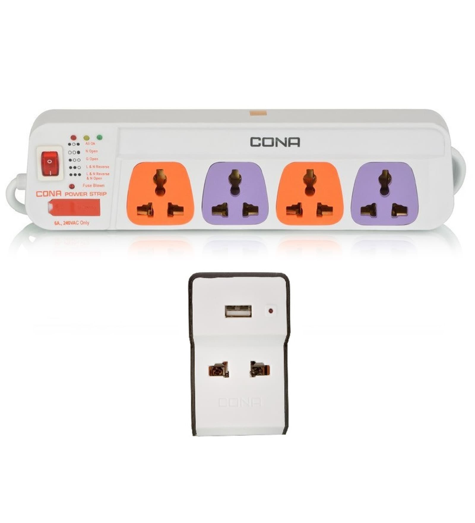 Cona White Power Strip with USB Charger Multiplug