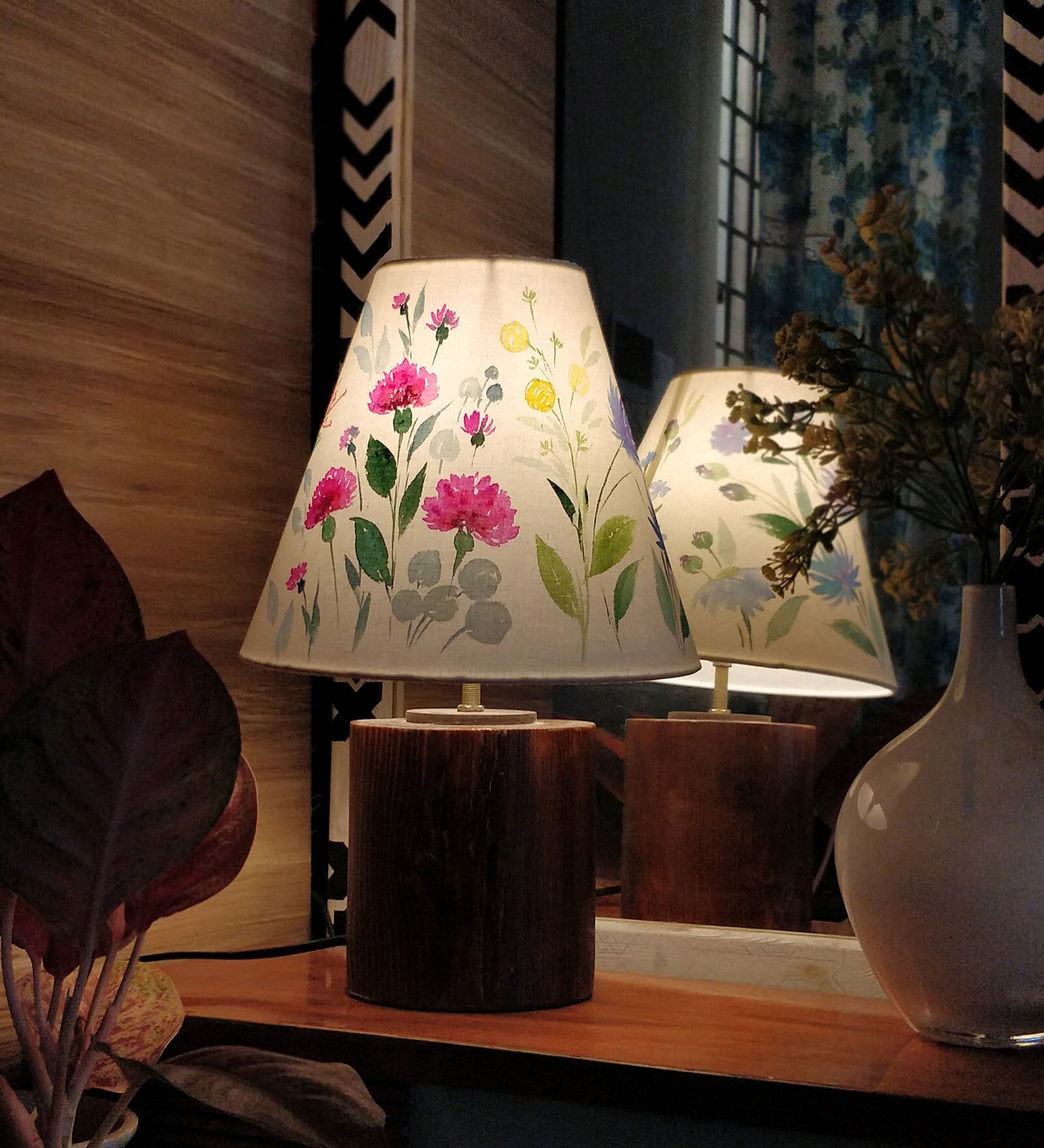 Cone Multicolor Cotton Shade Table Lamp with Wood Base