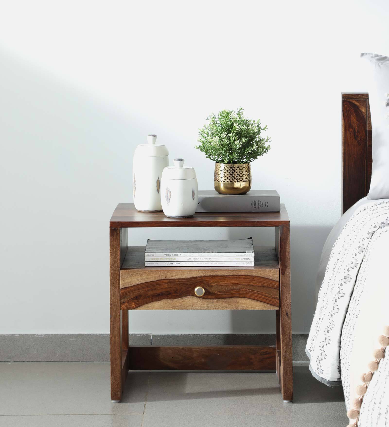 Connell Sheesham Wood Bedside Table In Rustic Teak Finish With Drawer