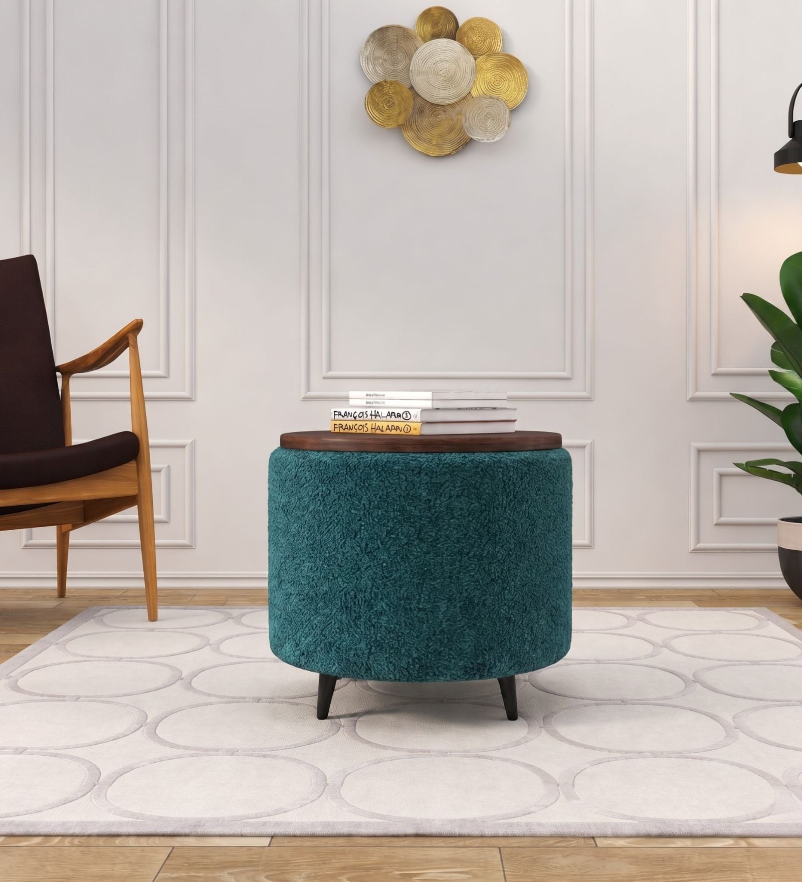 Contemporary Boucle Ottoman In Teal Blue Colour Contemporary Boucle Ottoman In Teal Blue Colour