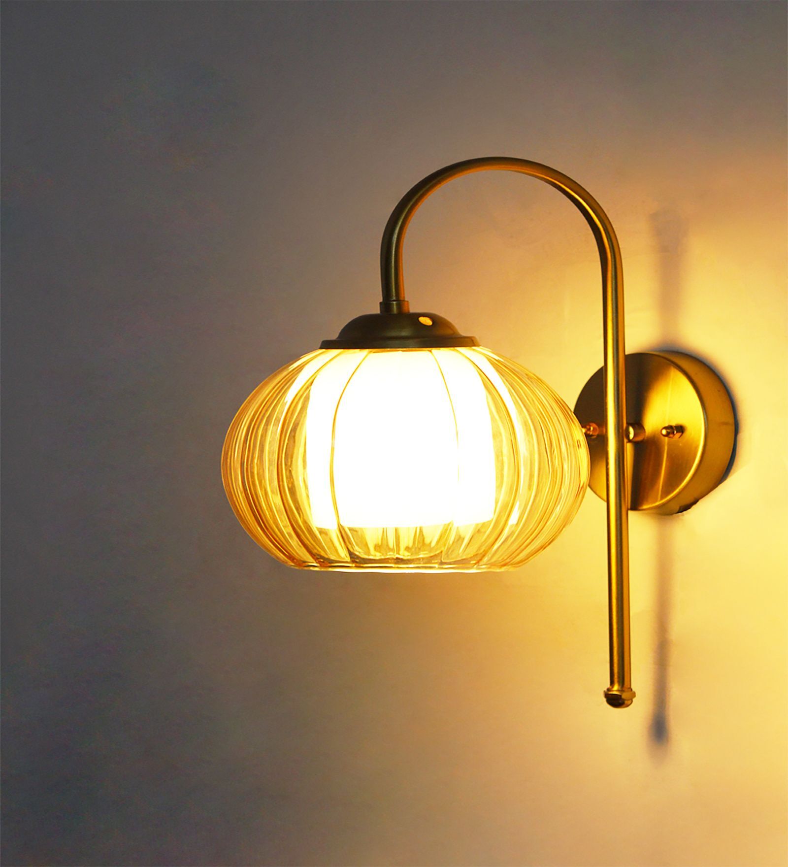 Contemporary Brass Amber Kharbuja Glass Wall Lamp