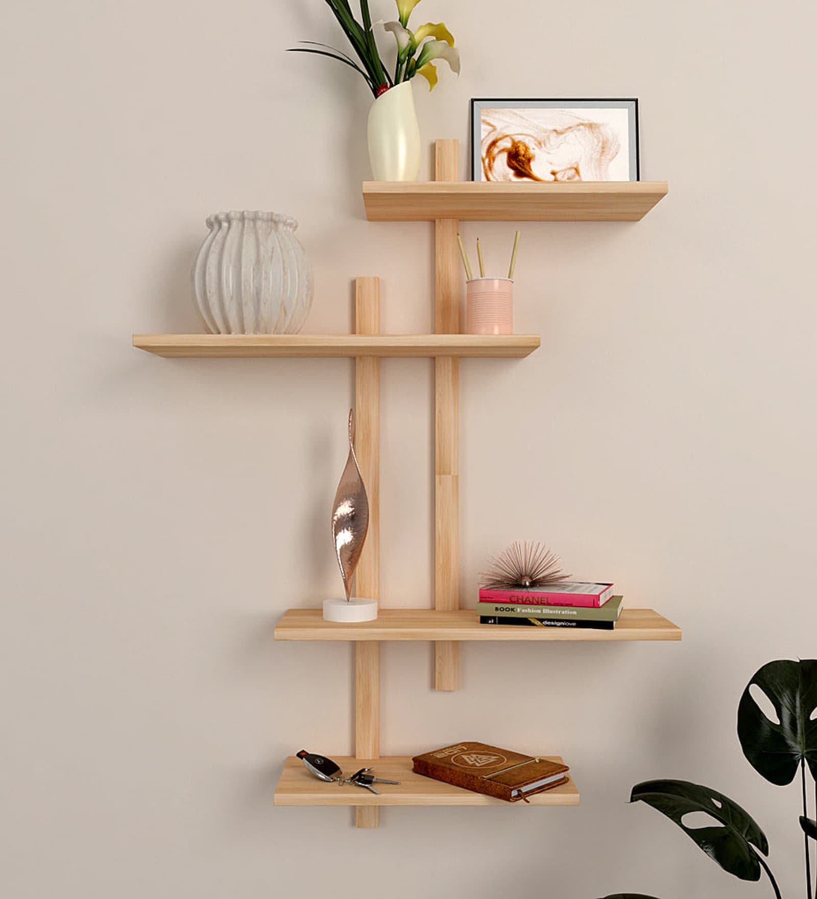 Contemporary Designer Wall Shelf with Light Oak Finish